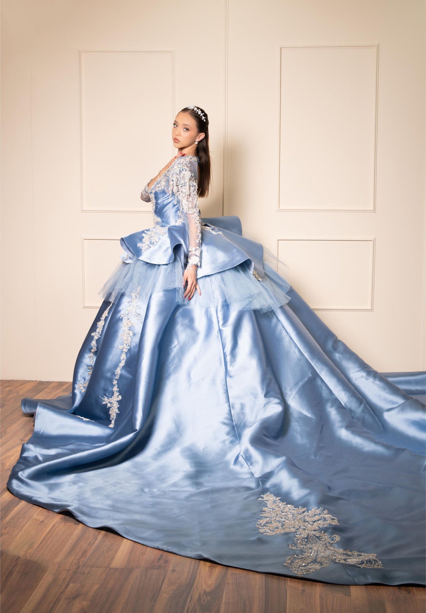 Vestido de XV Años Azul Gris de Manga Larga con Cauda y Espalda Descubierta