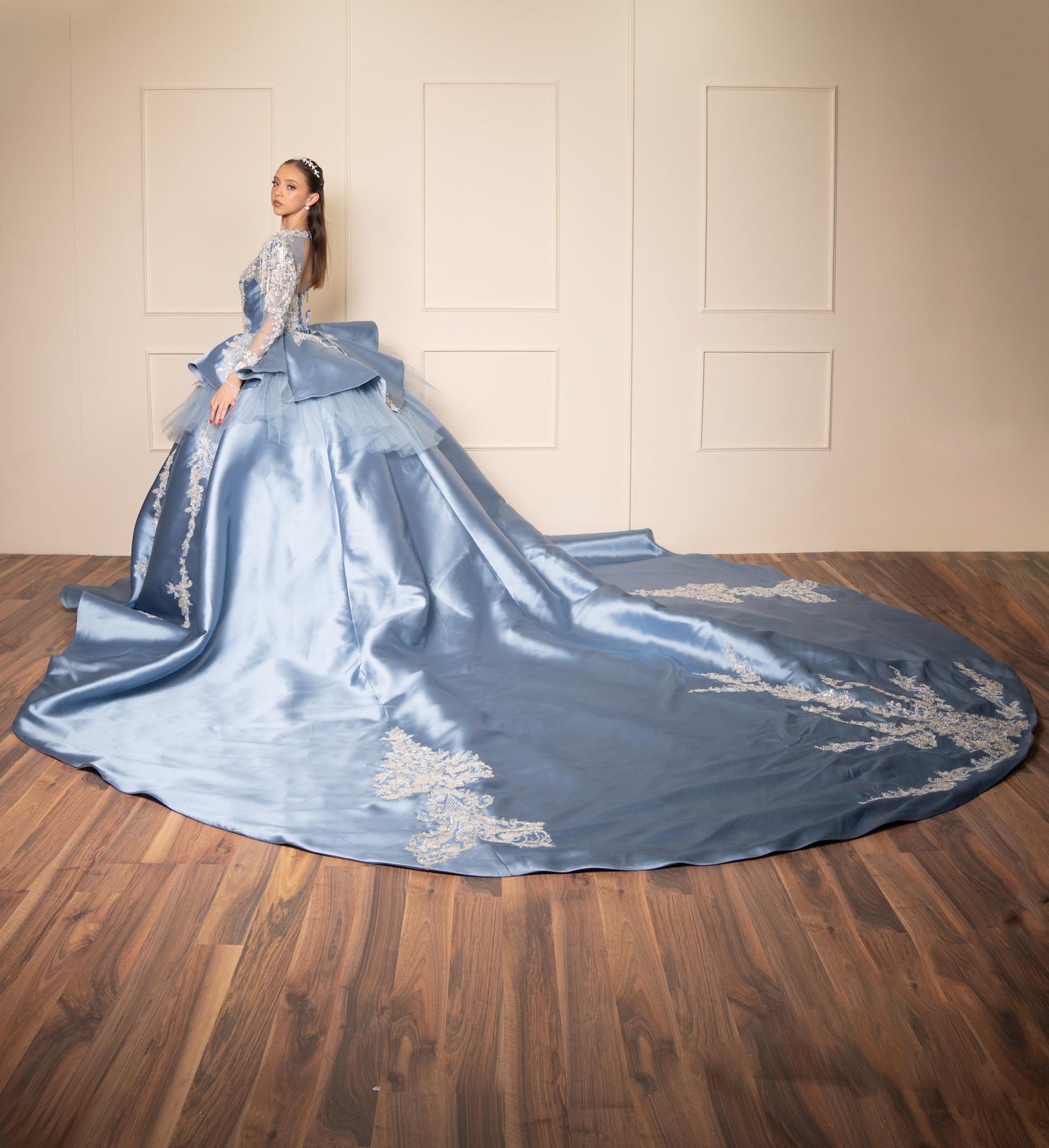 Vestido de XV Años Azul Gris de Manga Larga con Cauda y Espalda Descubierta