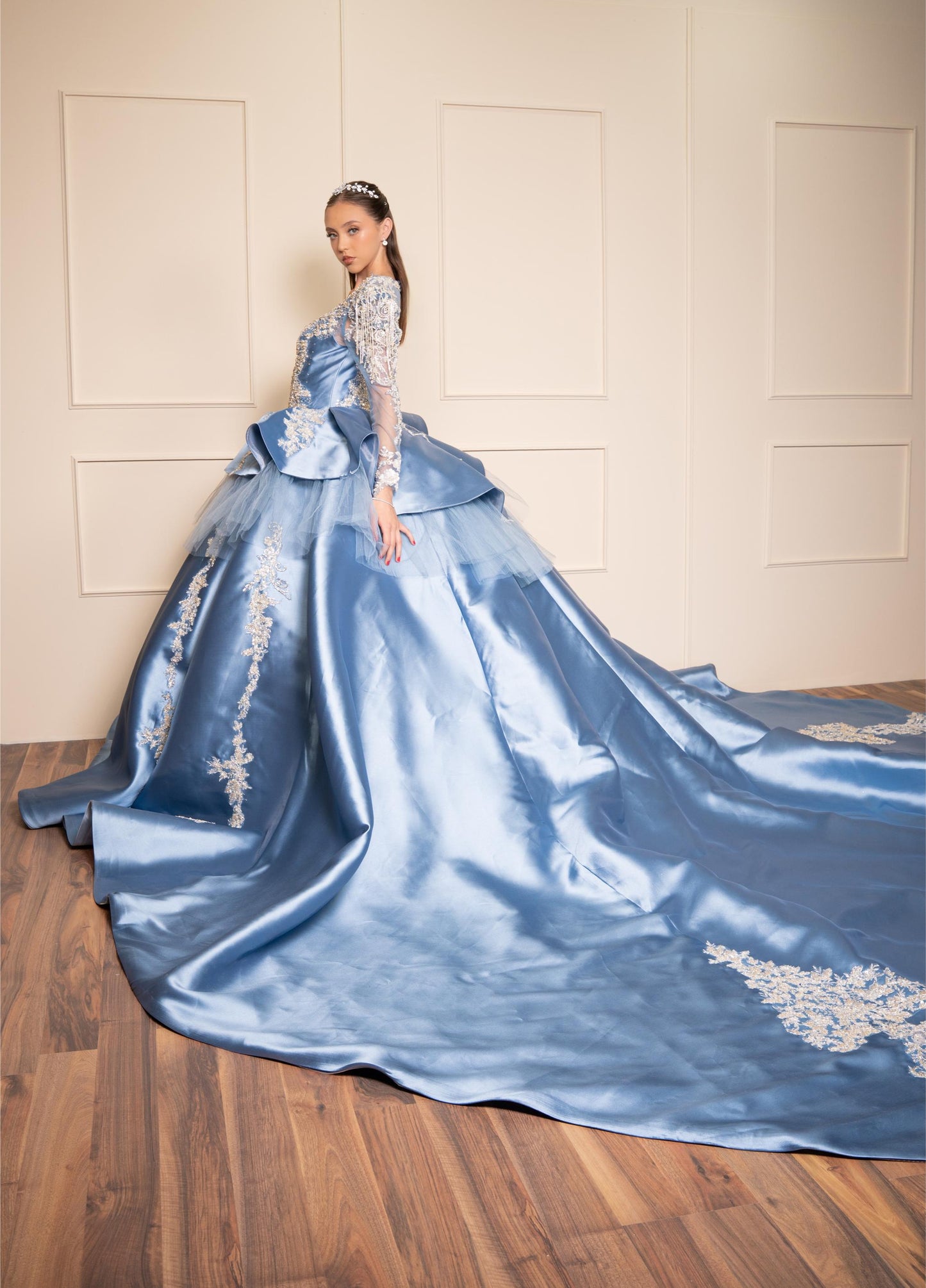 Vestido de XV Años Azul Gris de Manga Larga con Cauda y Espalda Descubierta