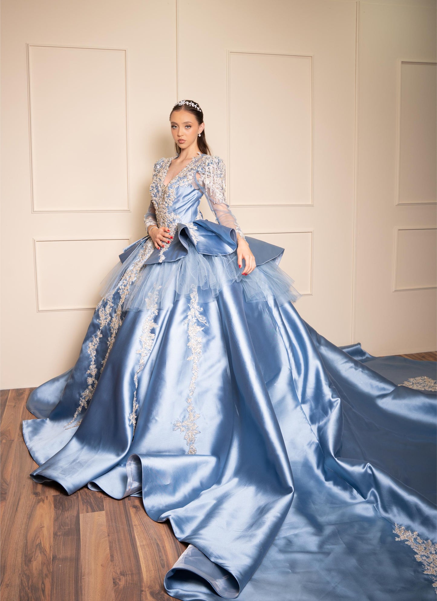 Vestido de XV Años Azul Gris de Manga Larga con Cauda y Espalda Descubierta