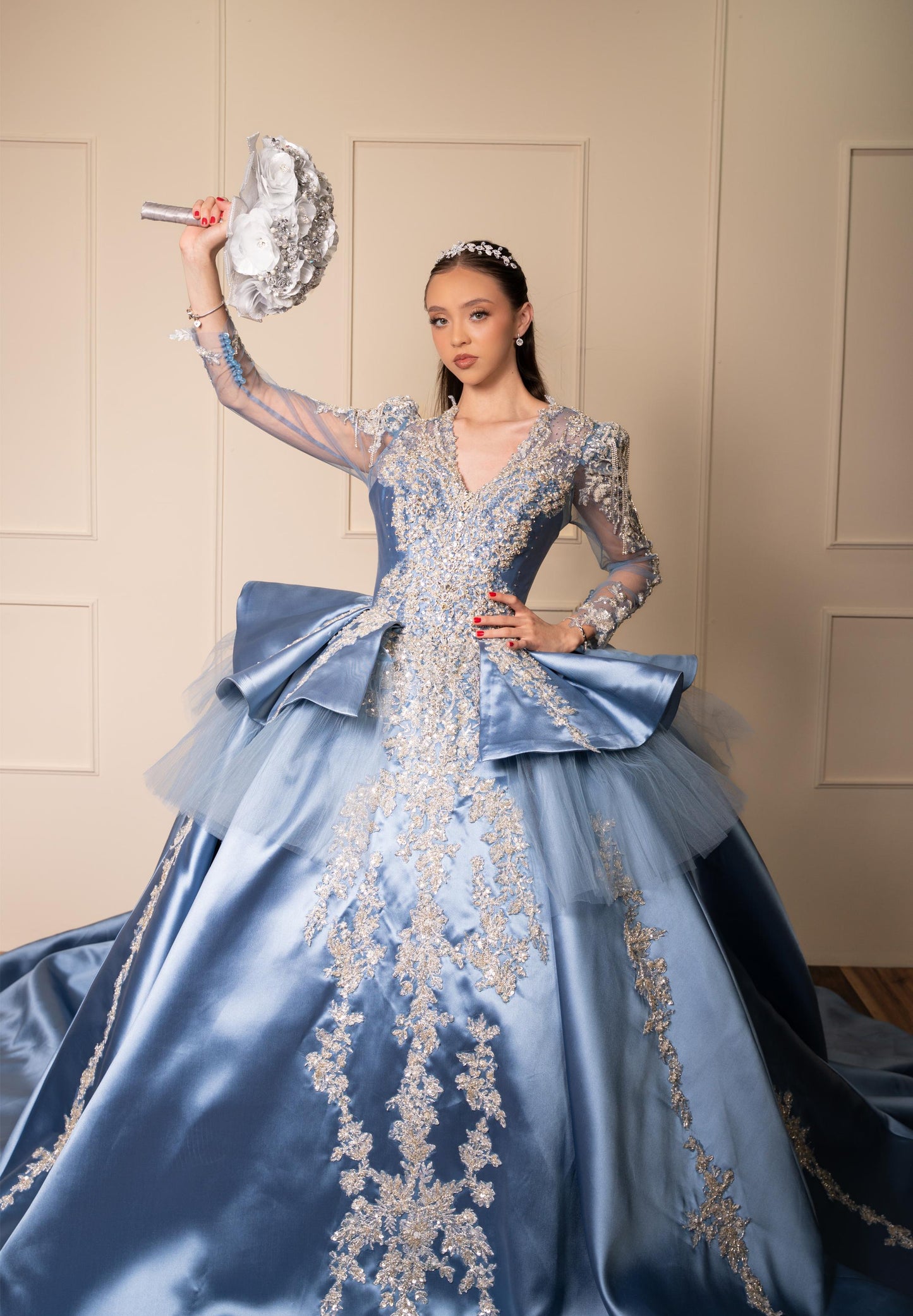 Vestido de XV Años Azul Gris de Manga Larga con Cauda y Espalda Descubierta