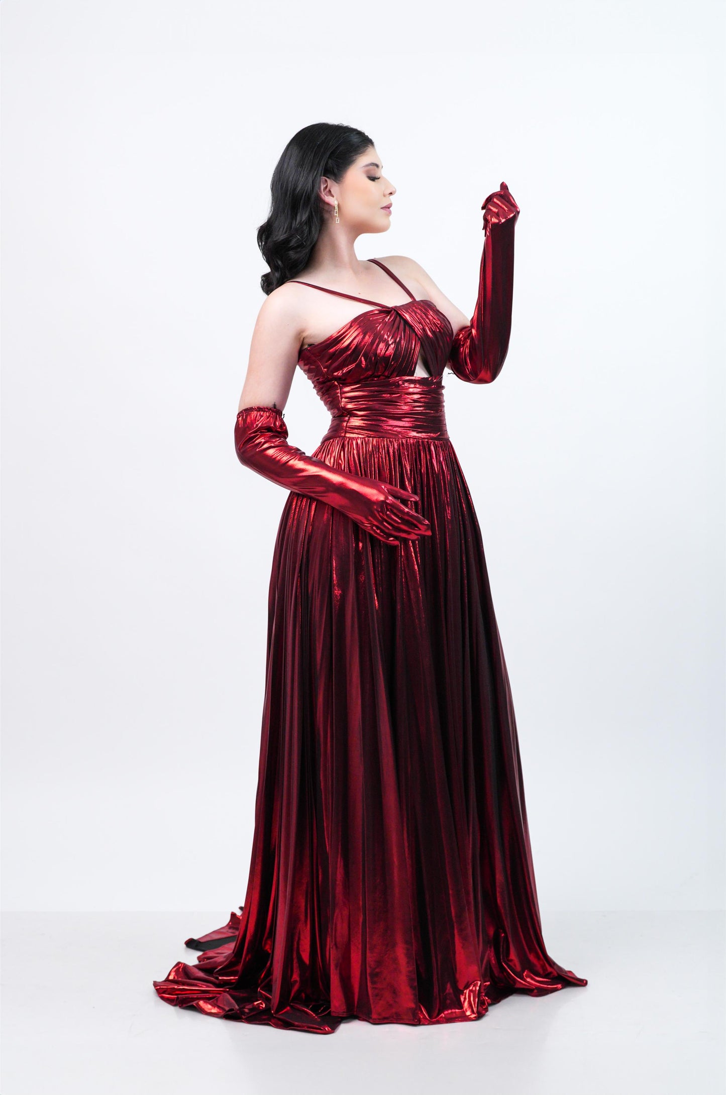 Vestido Vino Metalico Y Guantes