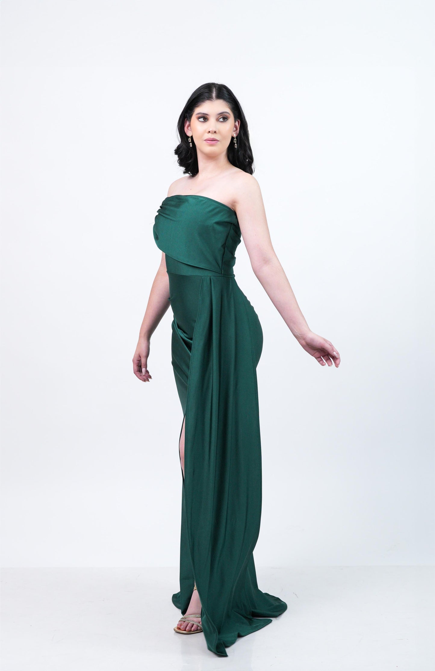 Vestido Verde Manga a un Lado y Banda