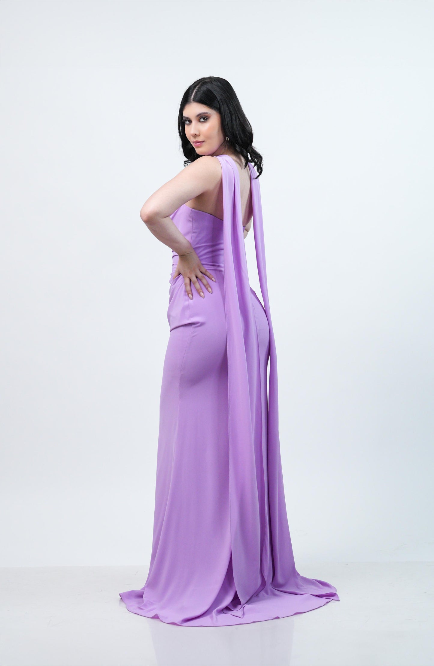 Vestido Lila Straple Corrugado Con Estola