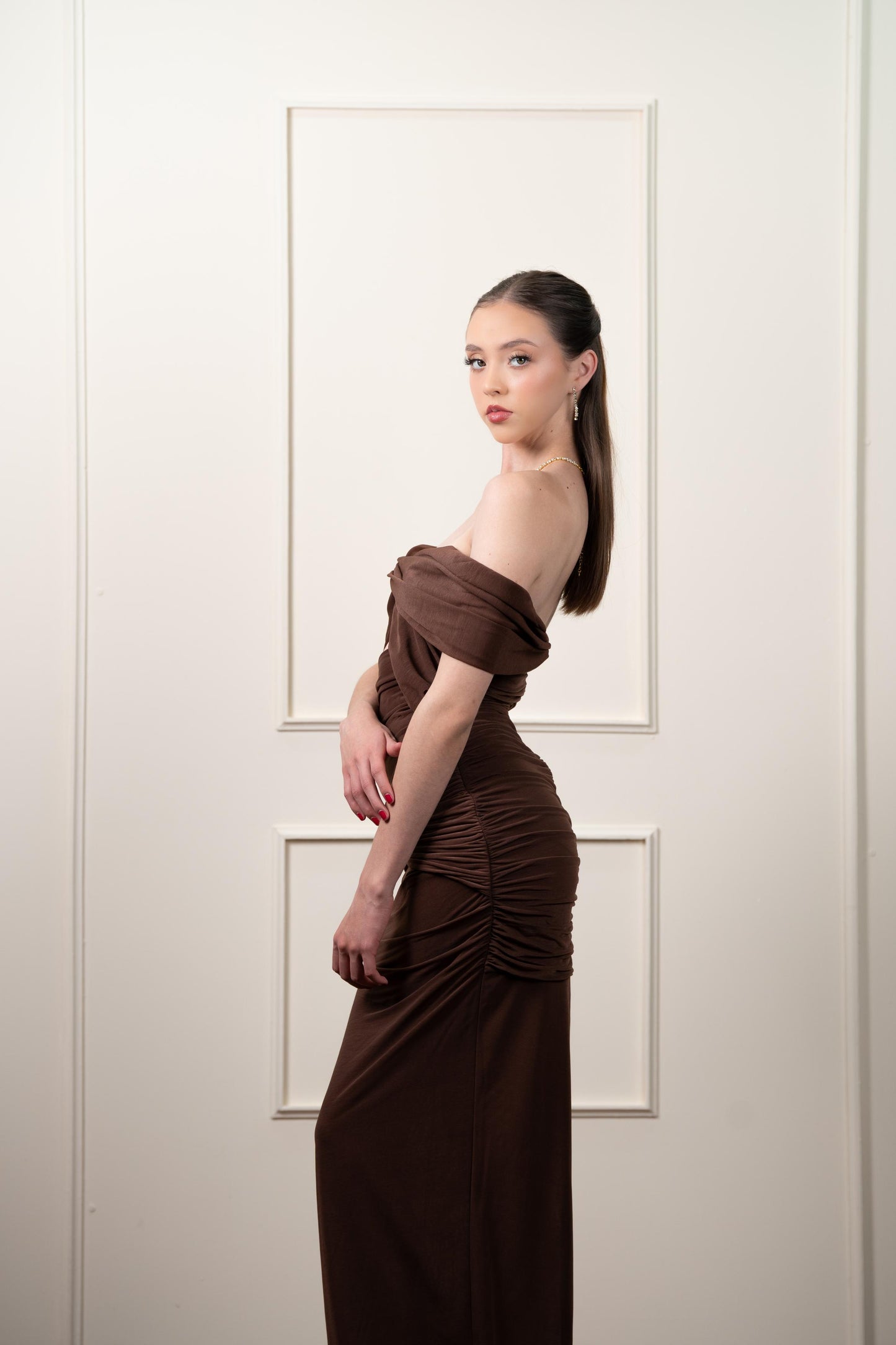 Vestido Cafe Manga Campesina Corrugado