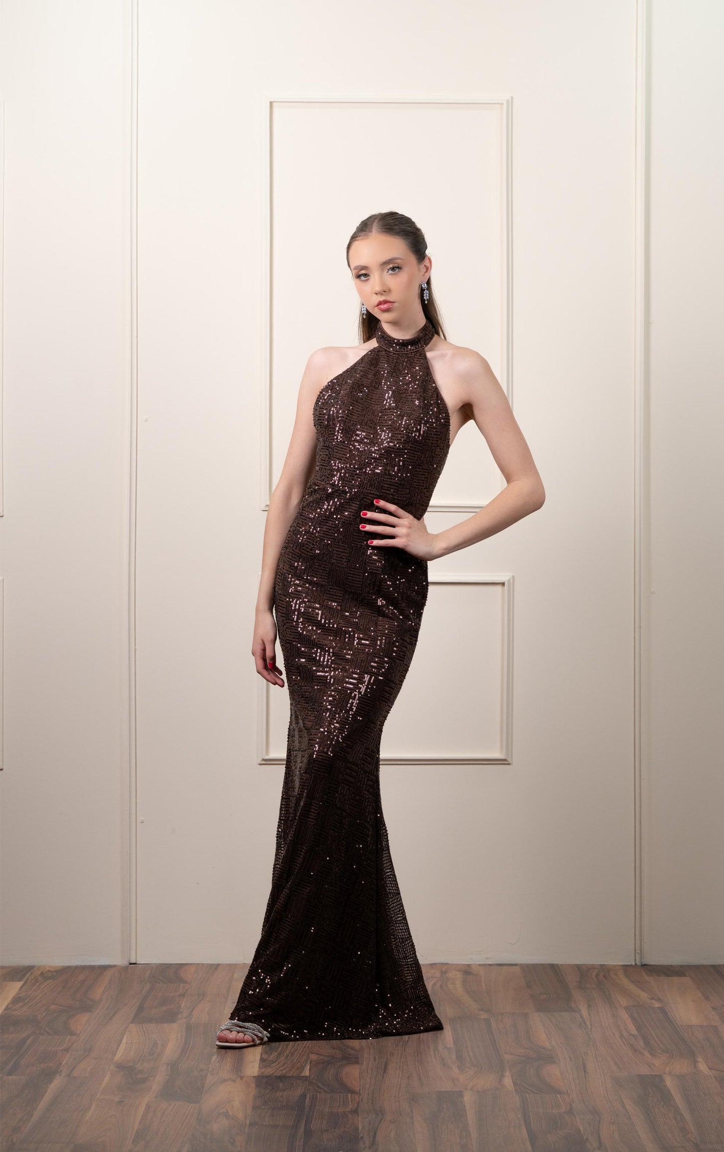 Vestido Café Lentejuela Cuello Halter