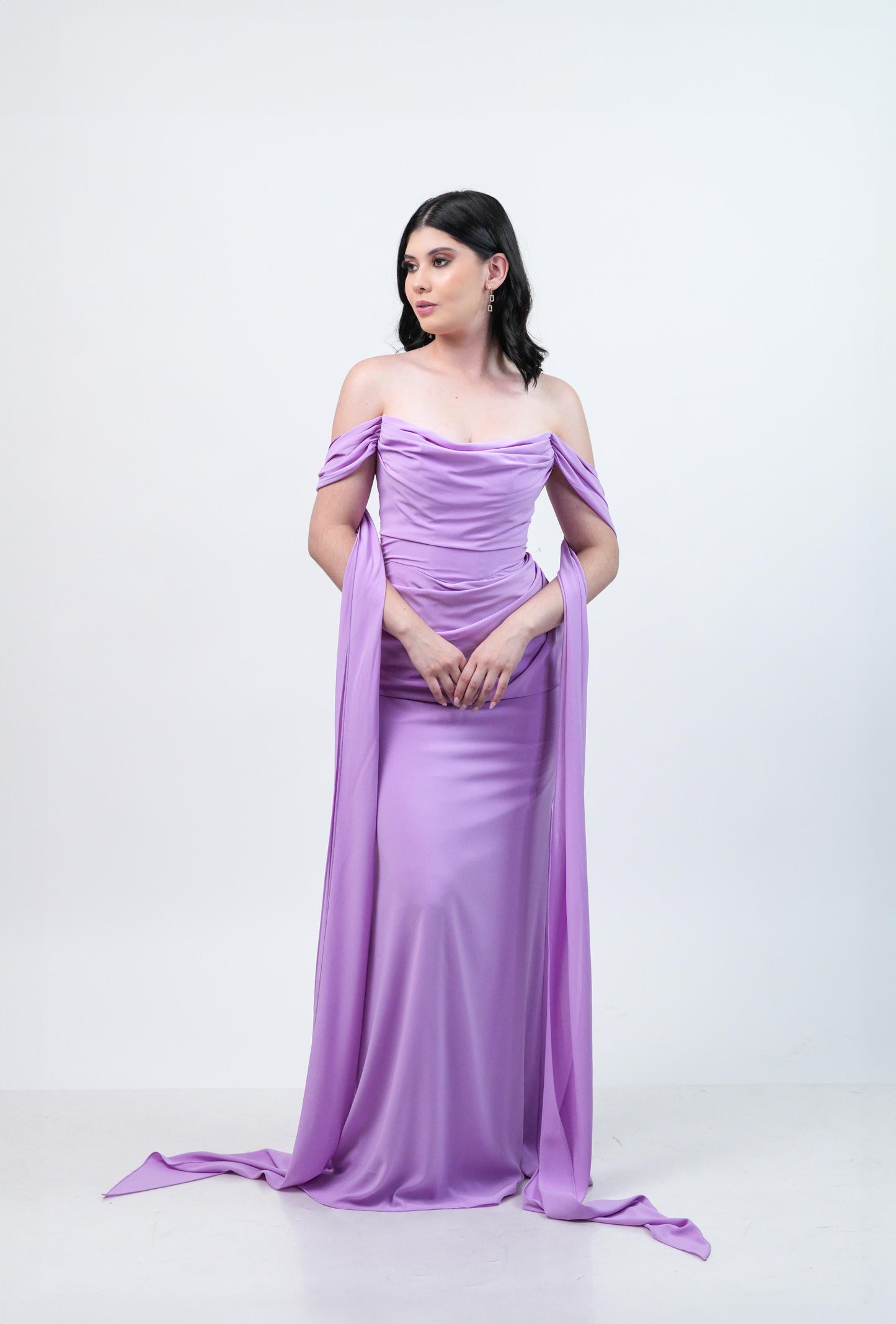 Vestido Lila Straple Corrugado Con Estola