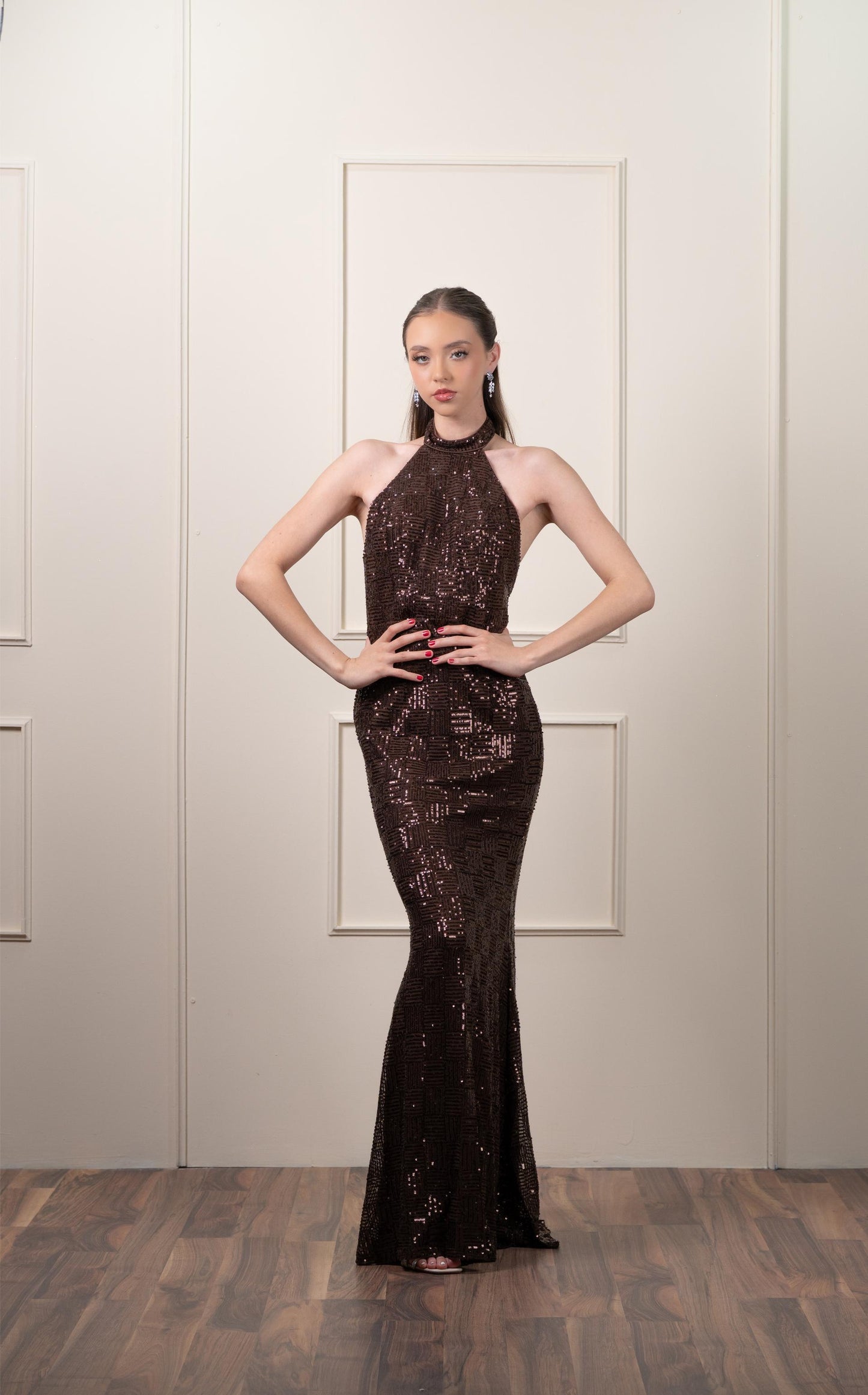 Vestido Café Lentejuela Cuello Halter