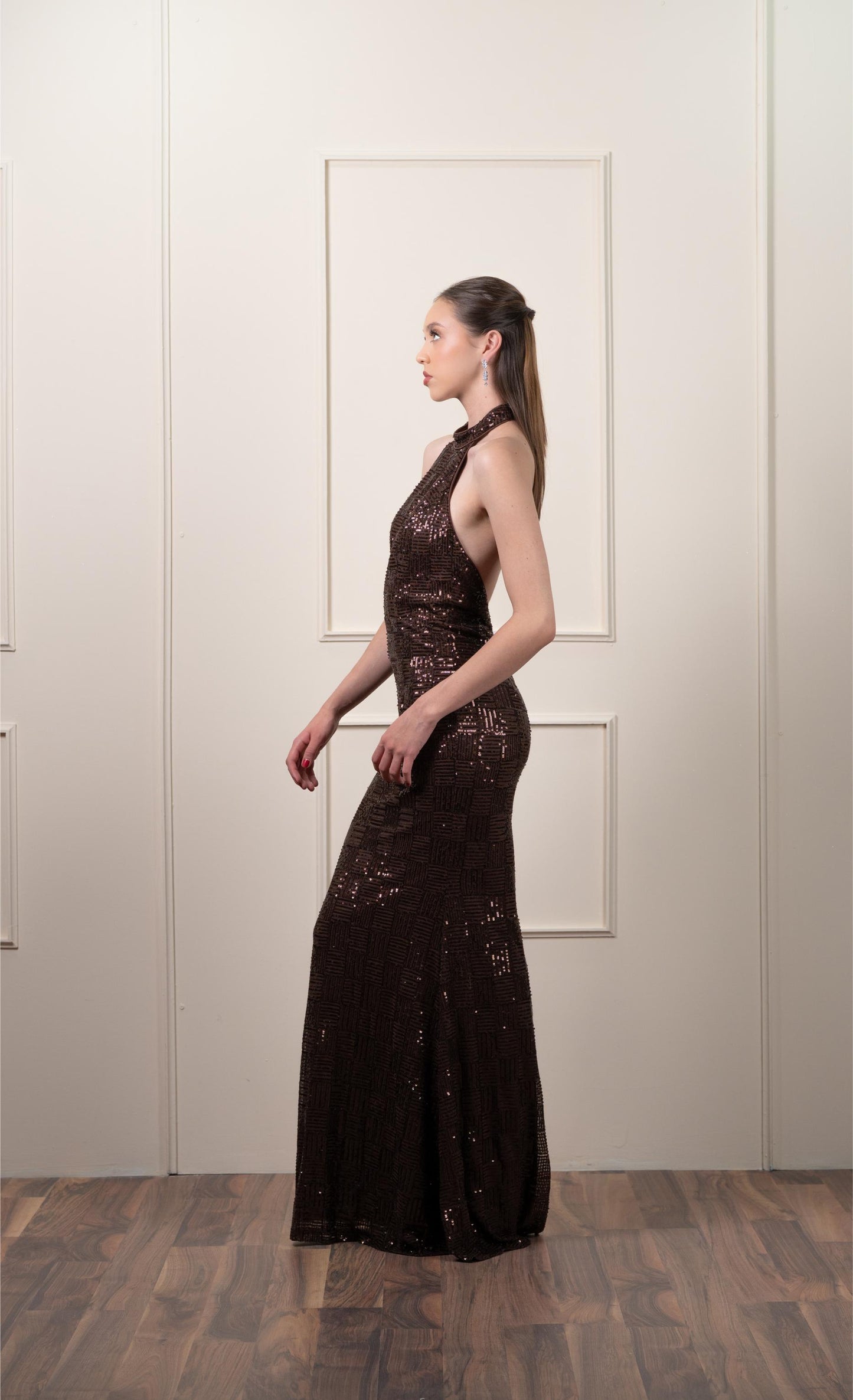 Vestido Café Lentejuela Cuello Halter