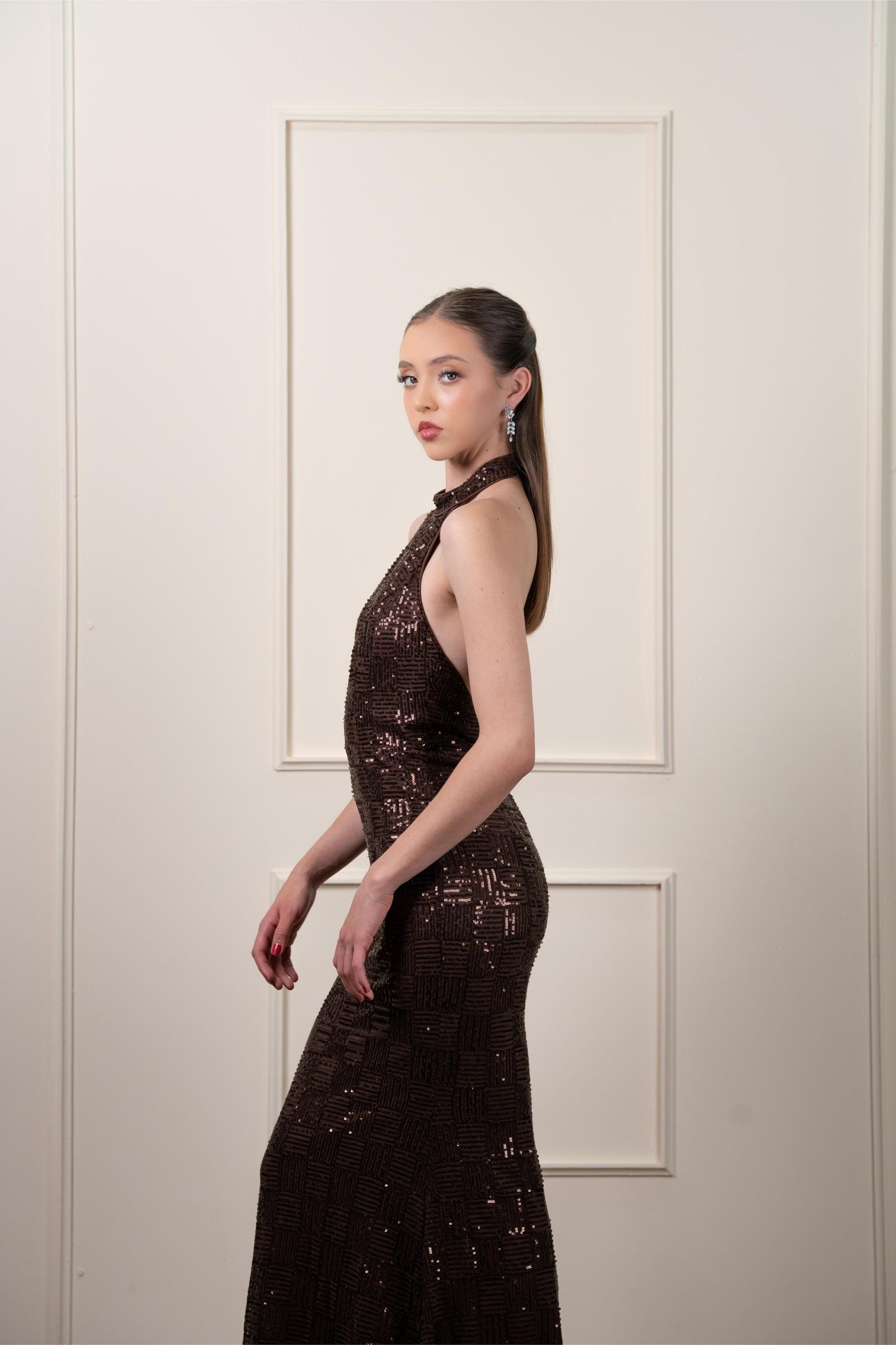 Vestido Café Lentejuela Cuello Halter