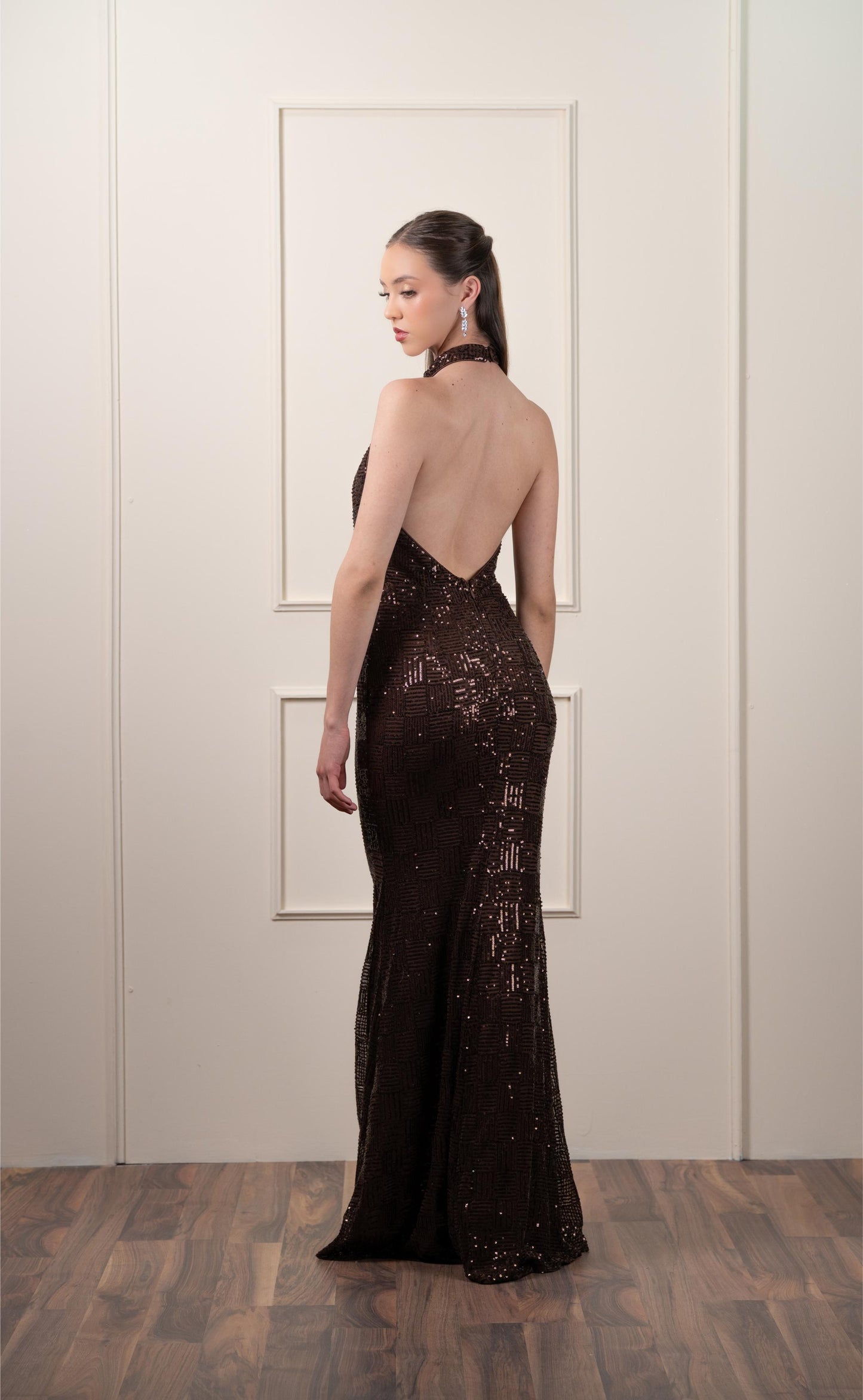 Vestido Café Lentejuela Cuello Halter