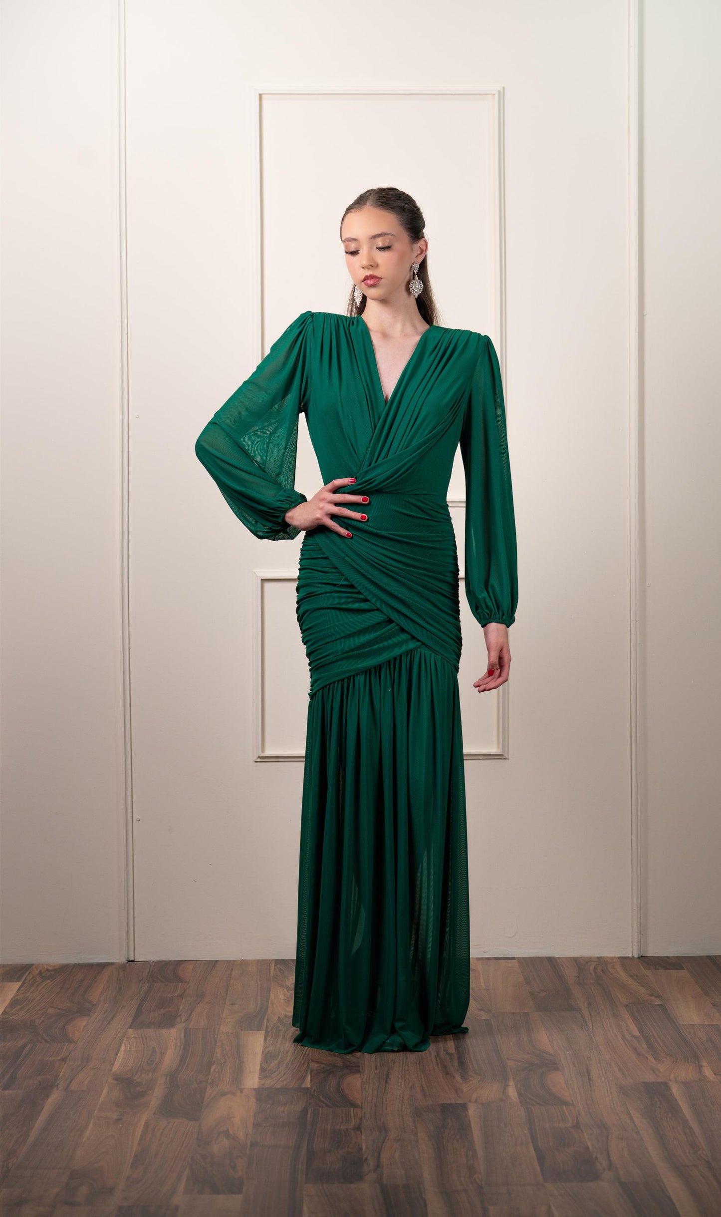 Vestido Verde Manga Larga Corrugado