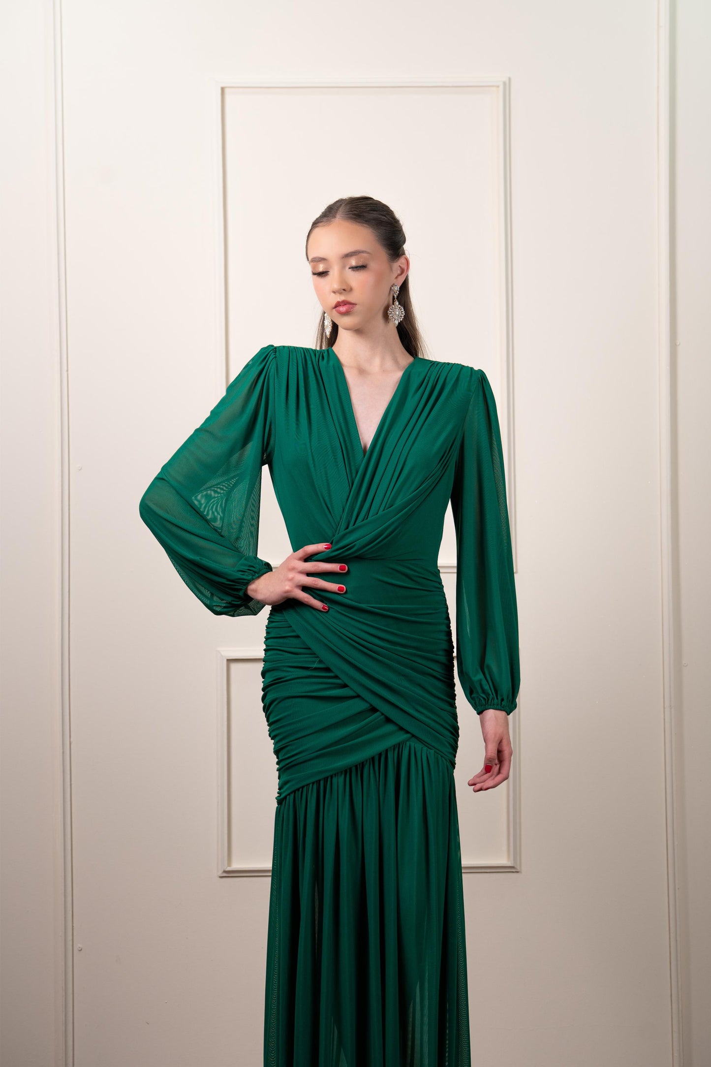 Vestido Verde Manga Larga Corrugado