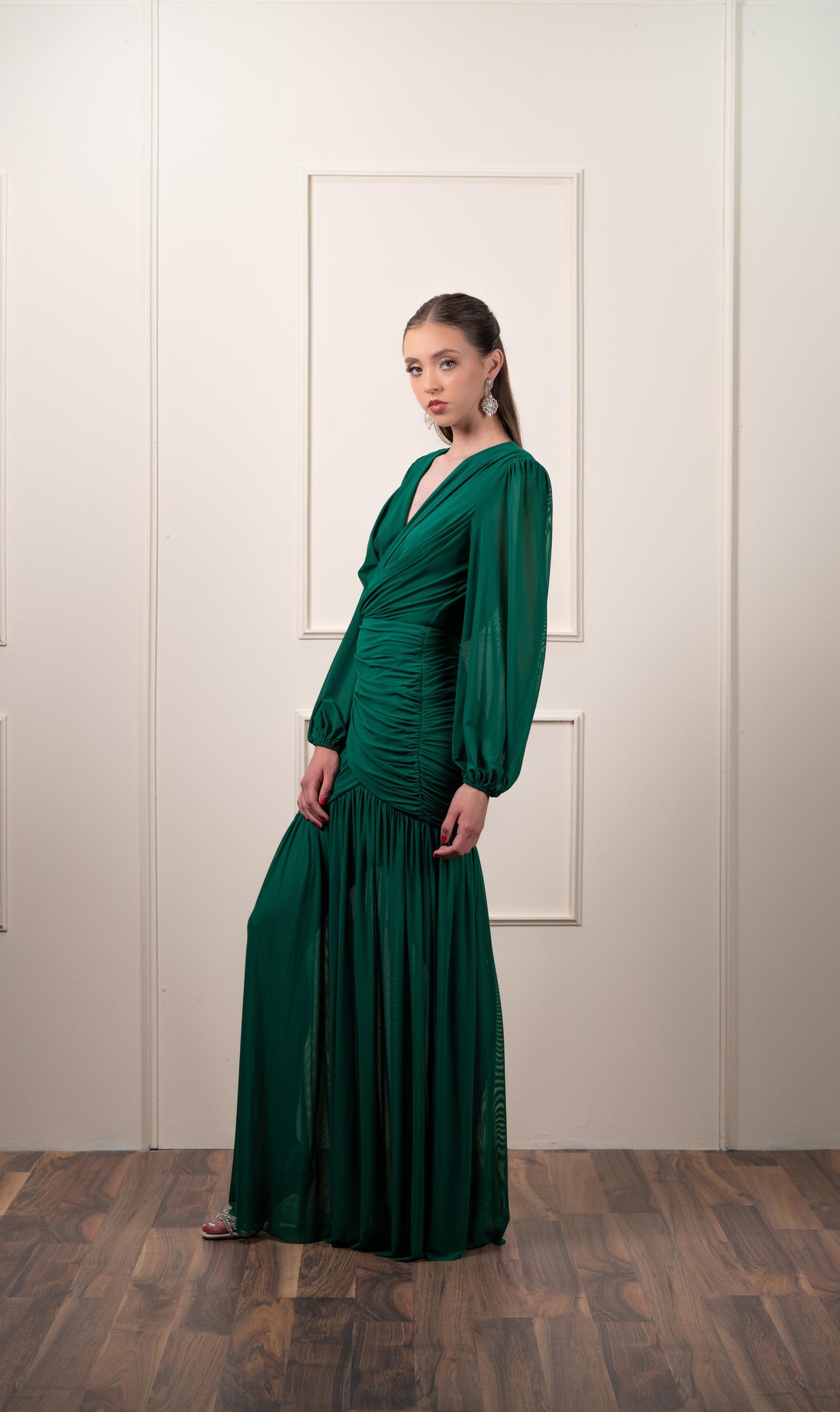 Vestido Verde Manga Larga Corrugado