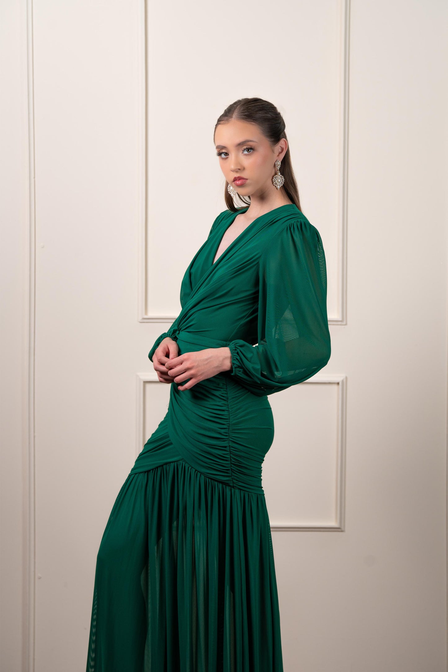 Vestido Verde Manga Larga Corrugado