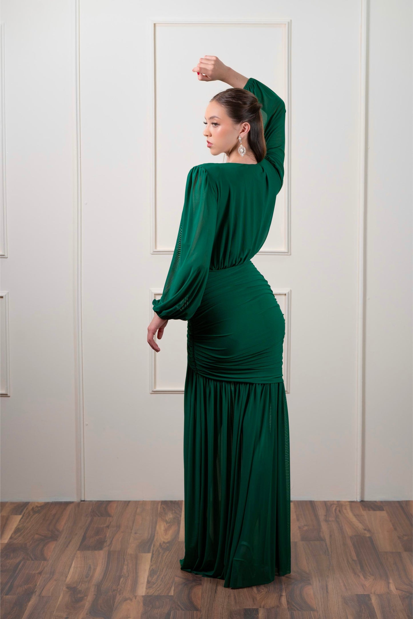 Vestido Verde Manga Larga Corrugado