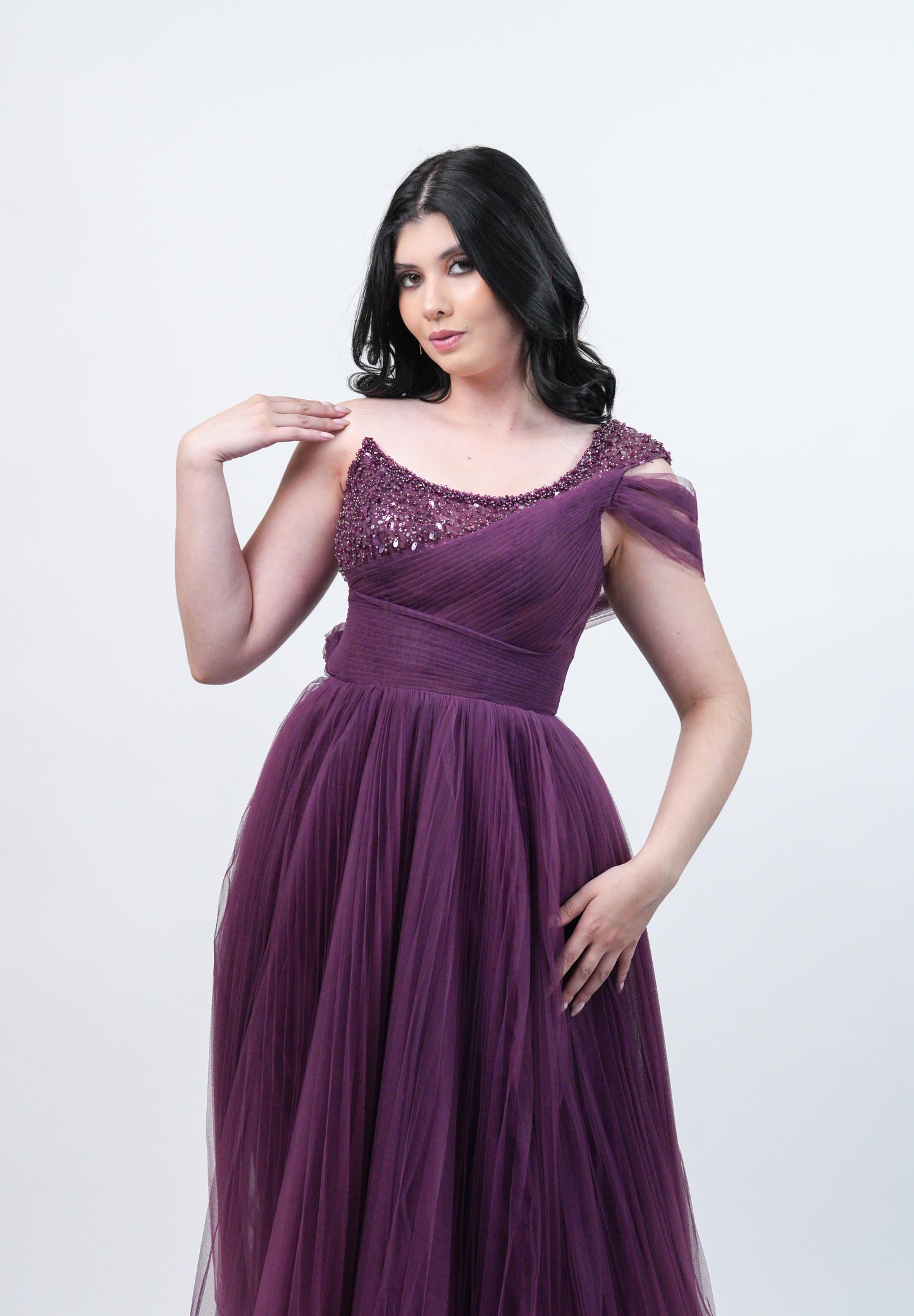 Vestido Morado Ampon Piedras En Pecho