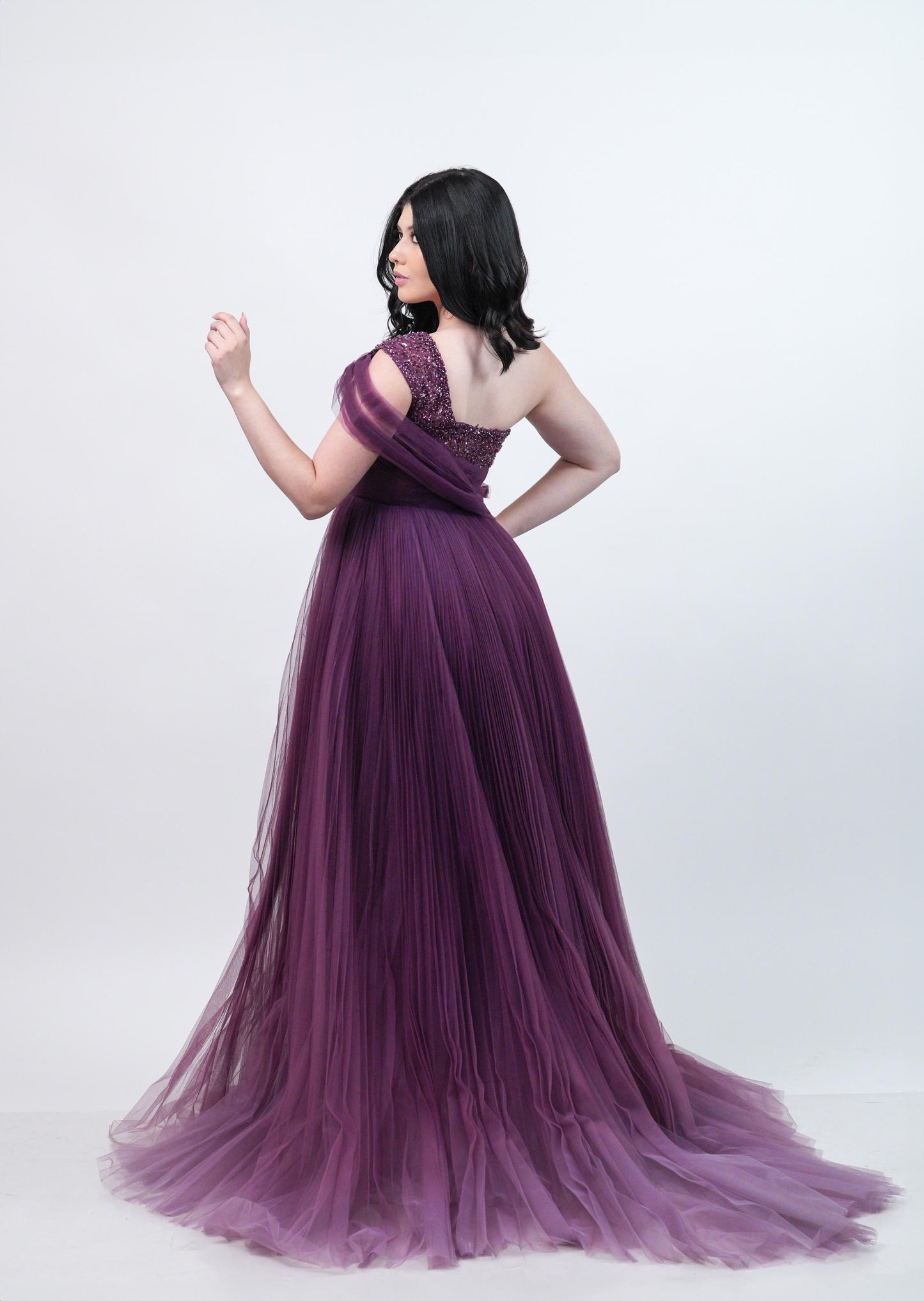 Vestido Morado Ampon Piedras En Pecho