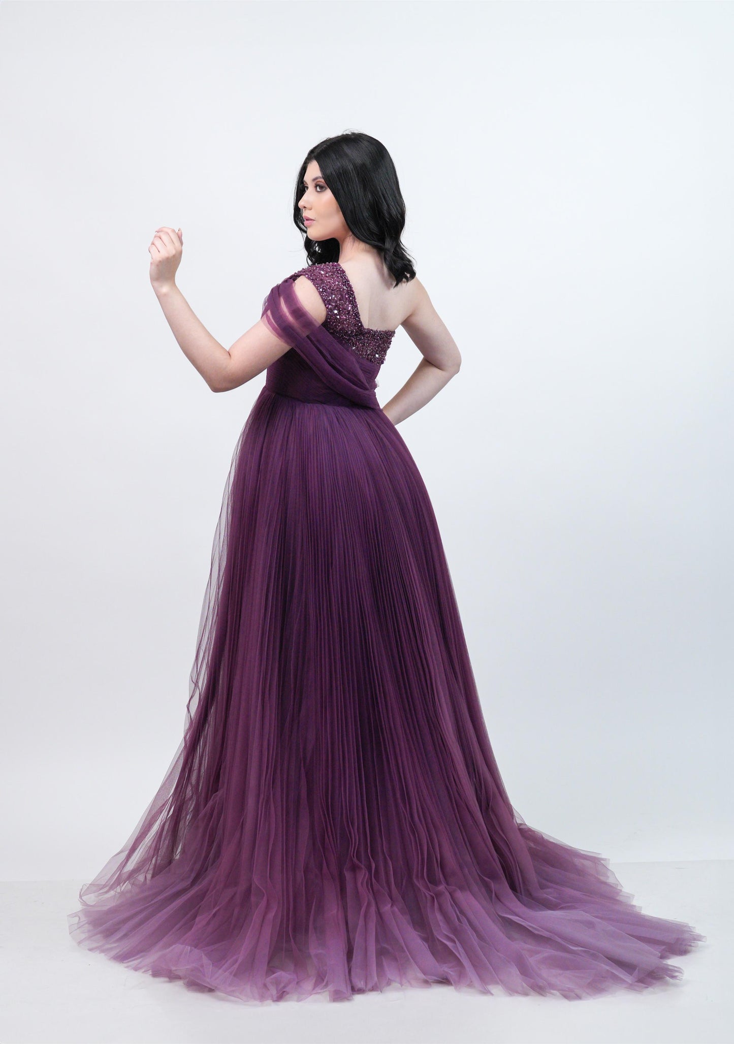 Vestido Morado Ampon Piedras En Pecho