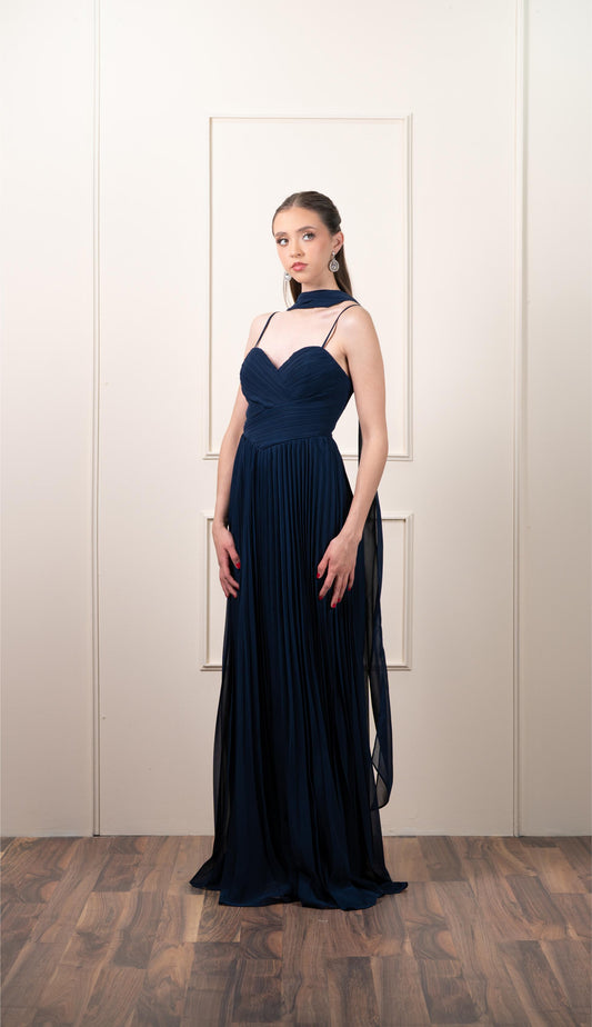 Vestido Azul Tirantes Tableado Estola