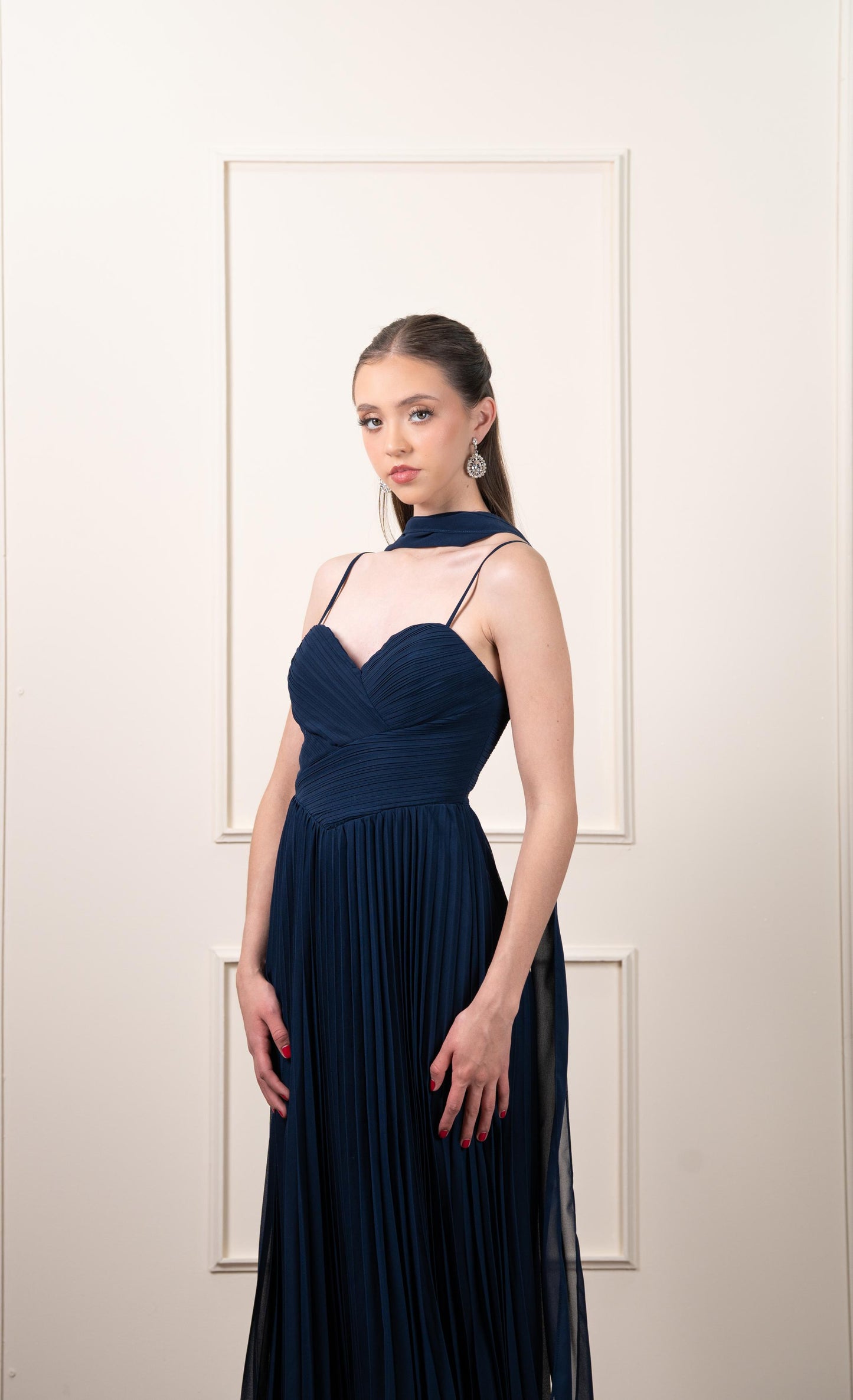 Vestido Azul Tirantes Tableado Estola