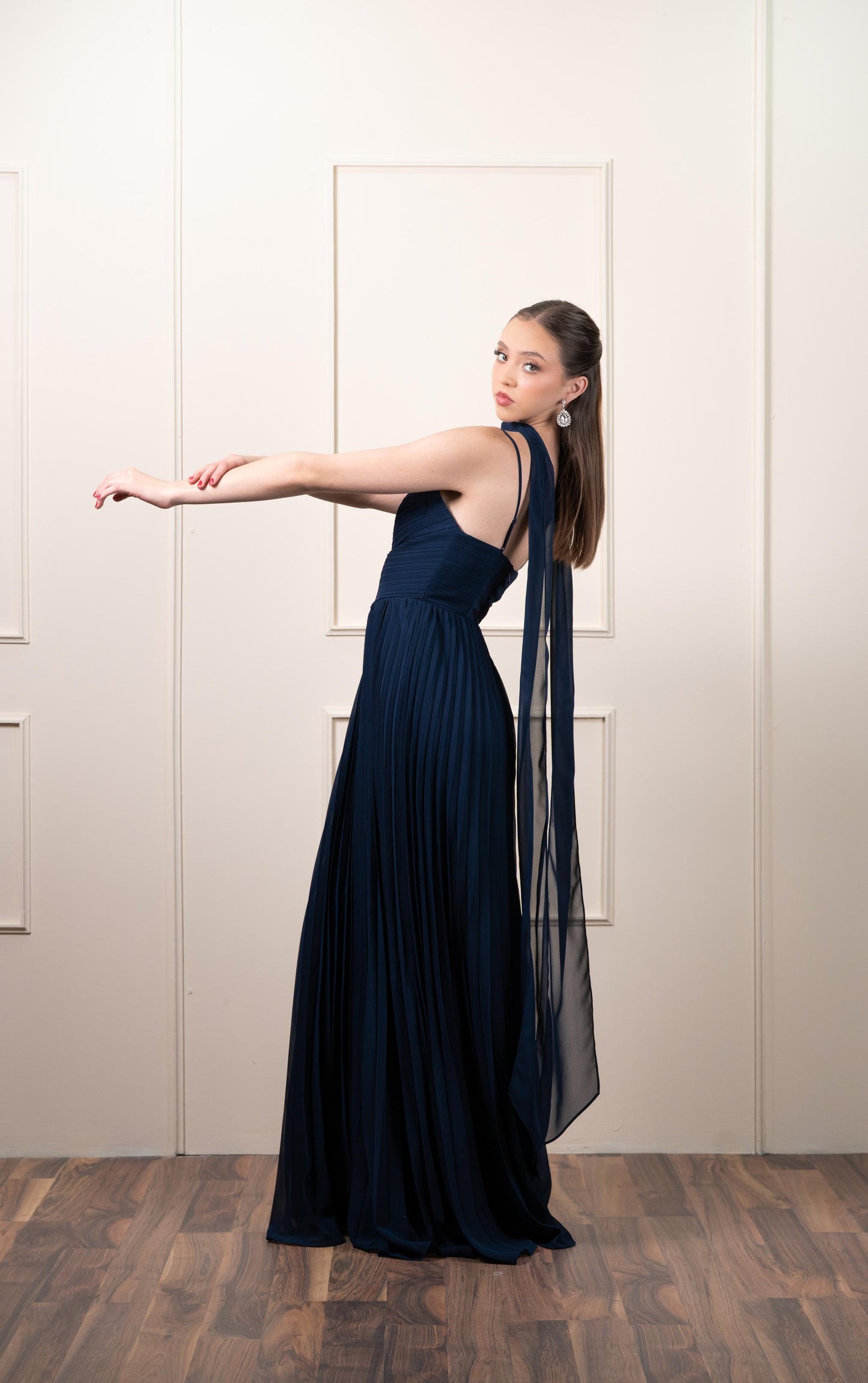 Vestido Azul Tirantes Tableado Estola