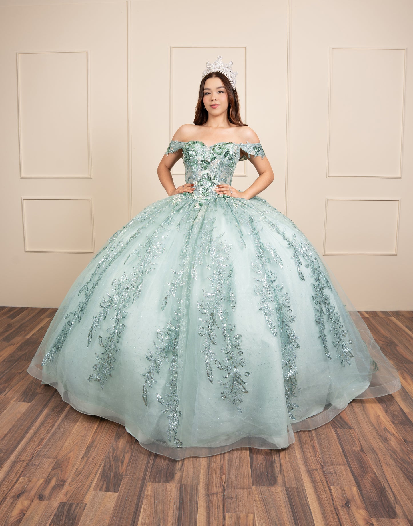 Vestido de XV Años Verde Menta Glitter Con Manga Caída