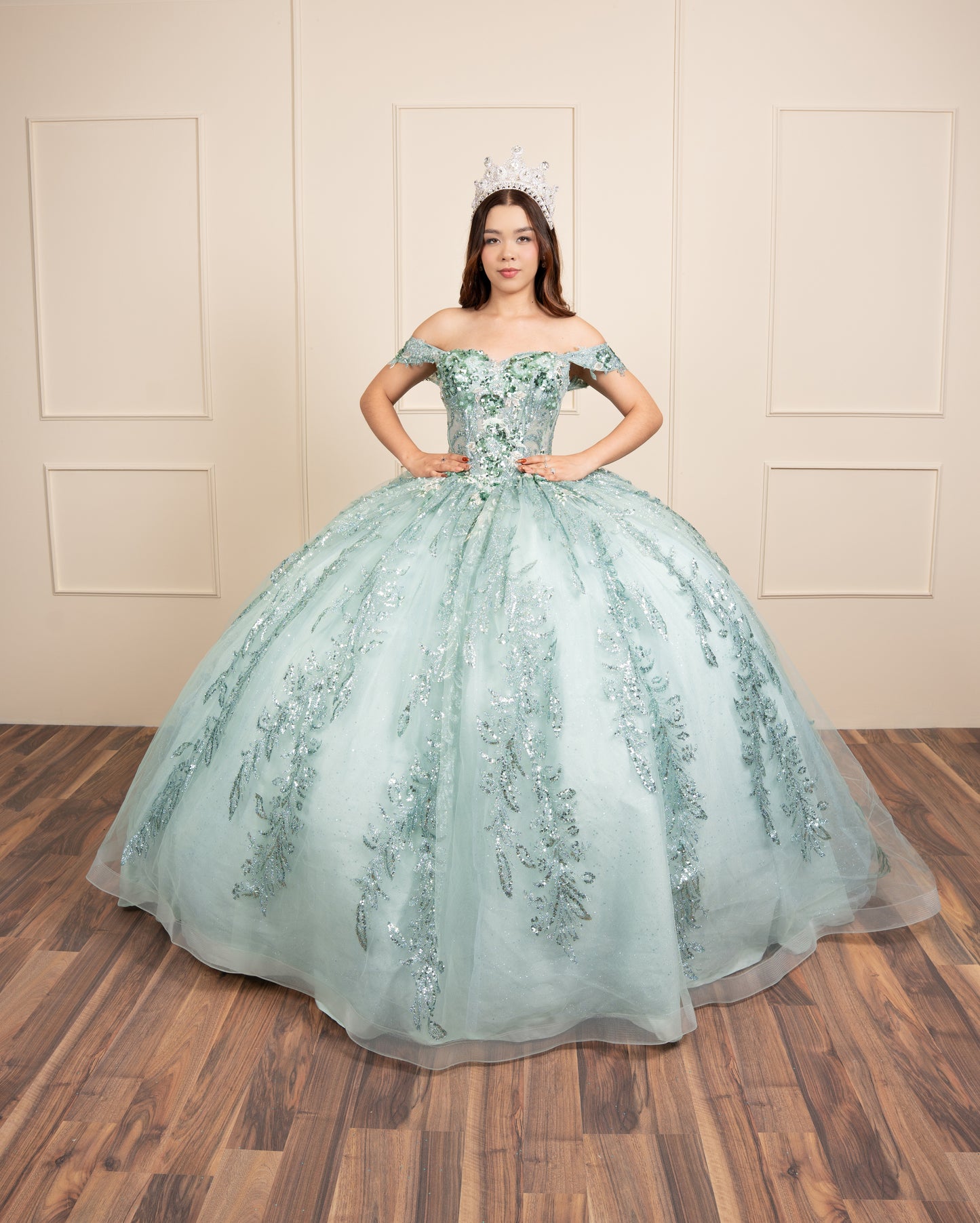 Vestido de XV Años Verde Menta Glitter Con Manga Caída