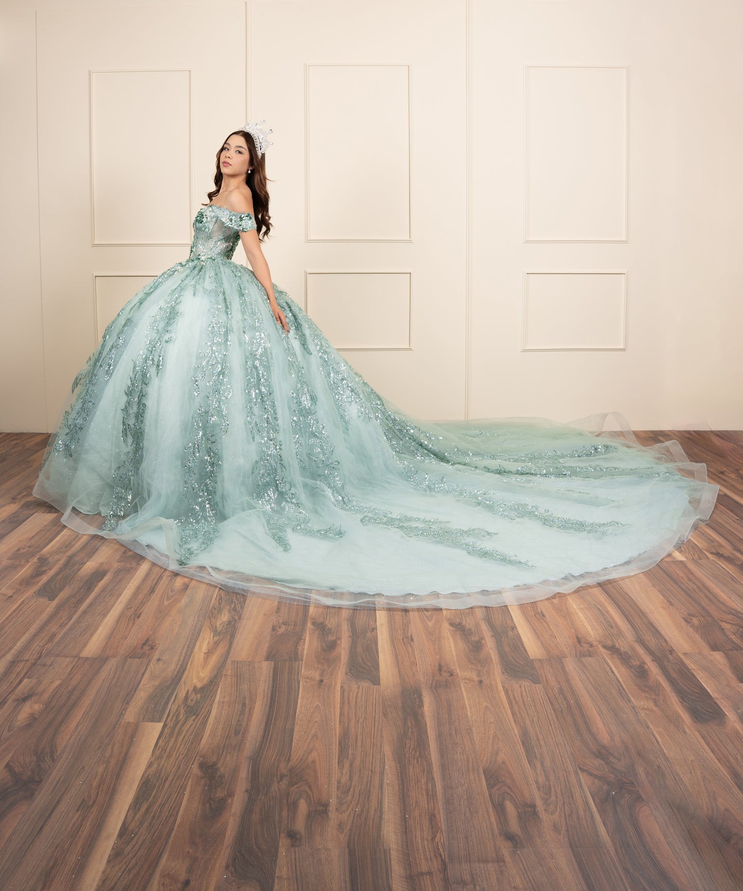 Vestido de XV Años Verde Menta Glitter Con Manga Caída