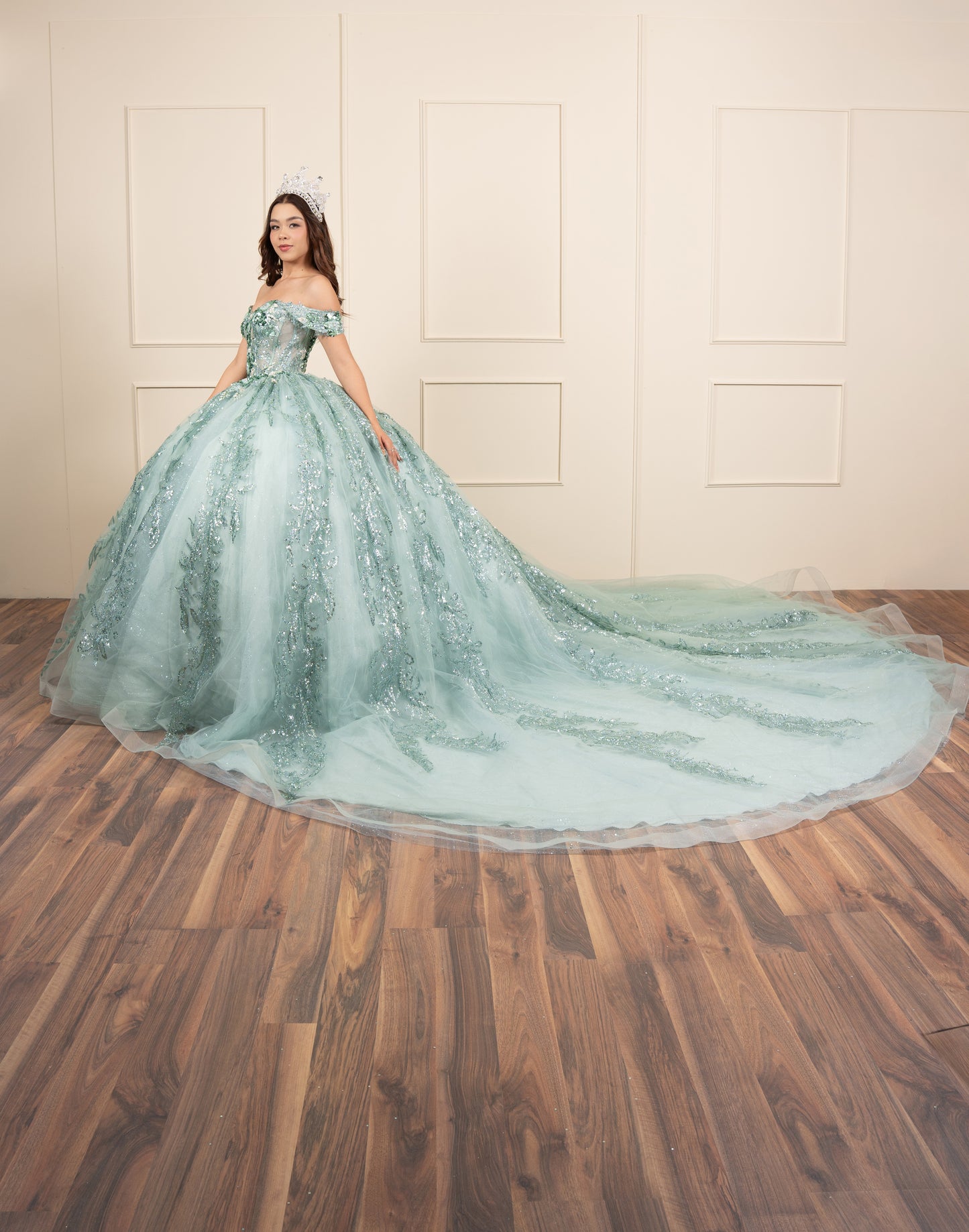 Vestido de XV Años Verde Menta Glitter Con Manga Caída