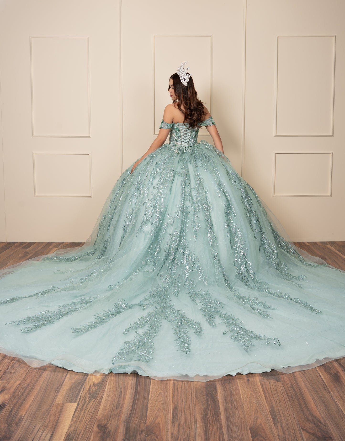 Vestido de XV Años Verde Menta Glitter Con Manga Caída