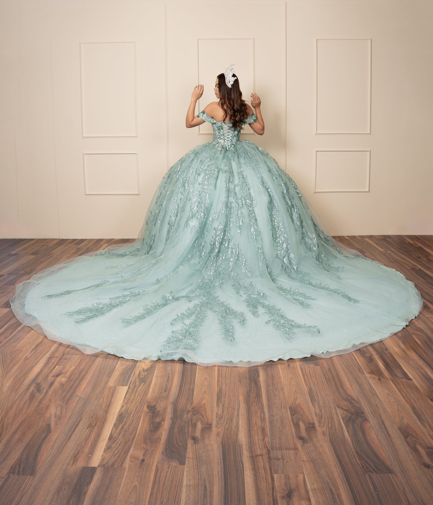 Vestido de XV Años Verde Menta Glitter Con Manga Caída