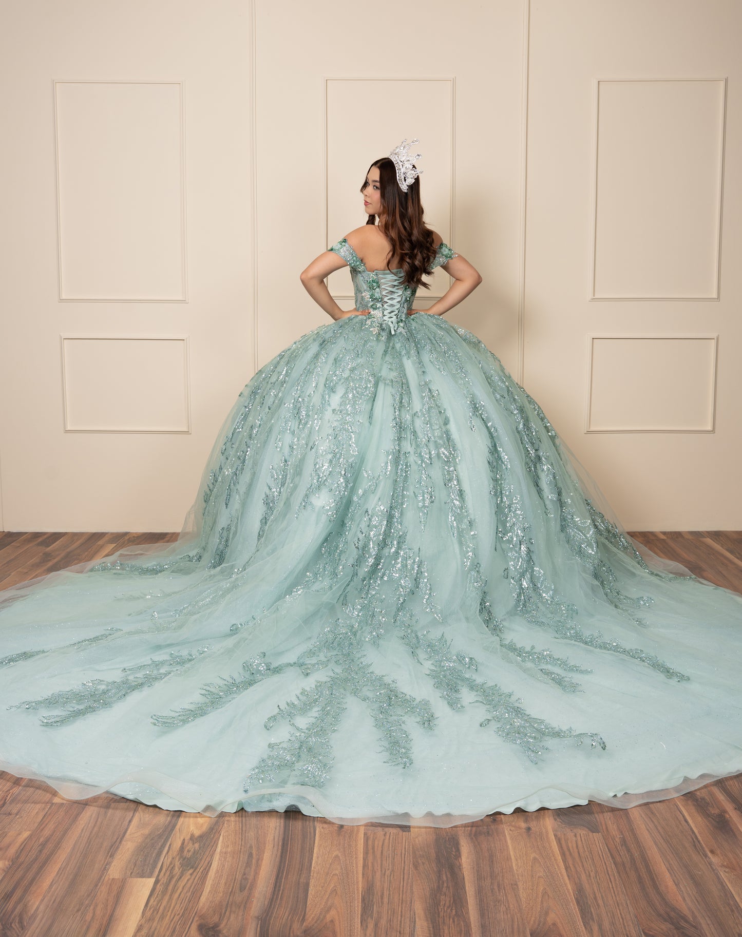 Vestido de XV Años Verde Menta Glitter Con Manga Caída