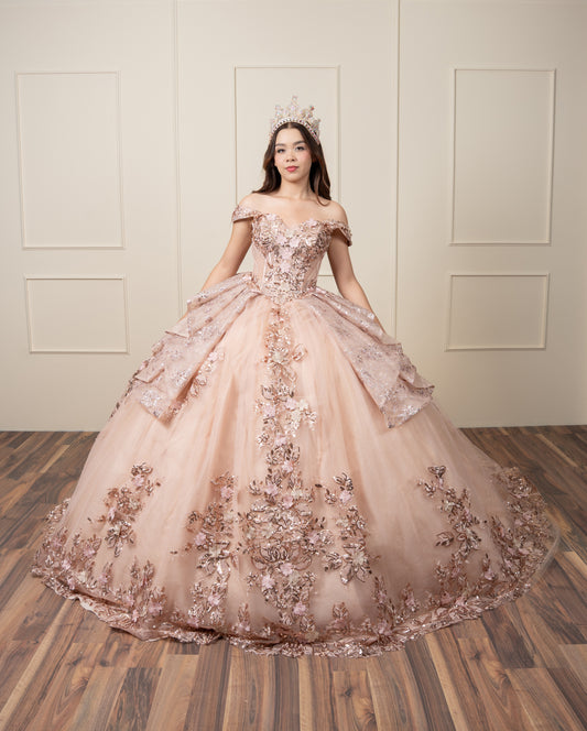 Vestido de XV Años Rose Gold Olanes en Falda con Glitter