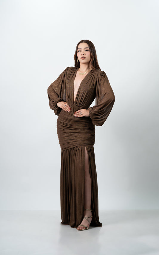 Vestido Cafe Manga Larga Corrugado Abdomen Falda Lisa con Abertura en Pierna