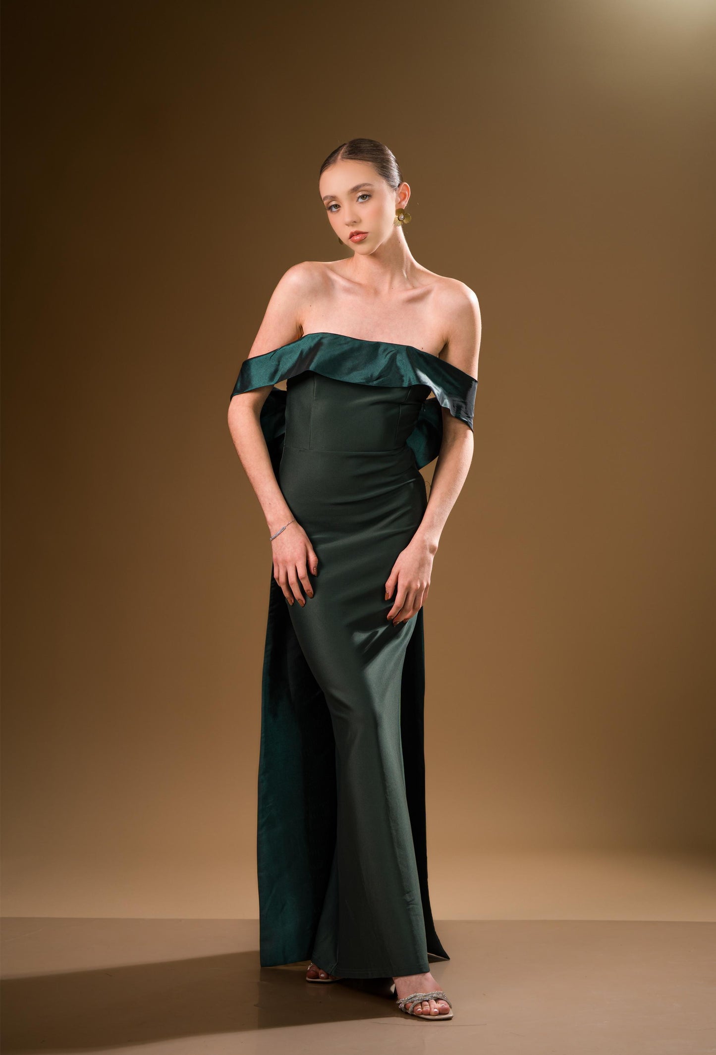 Vestido Verde Oscuro Manga Campesina Moño Atras