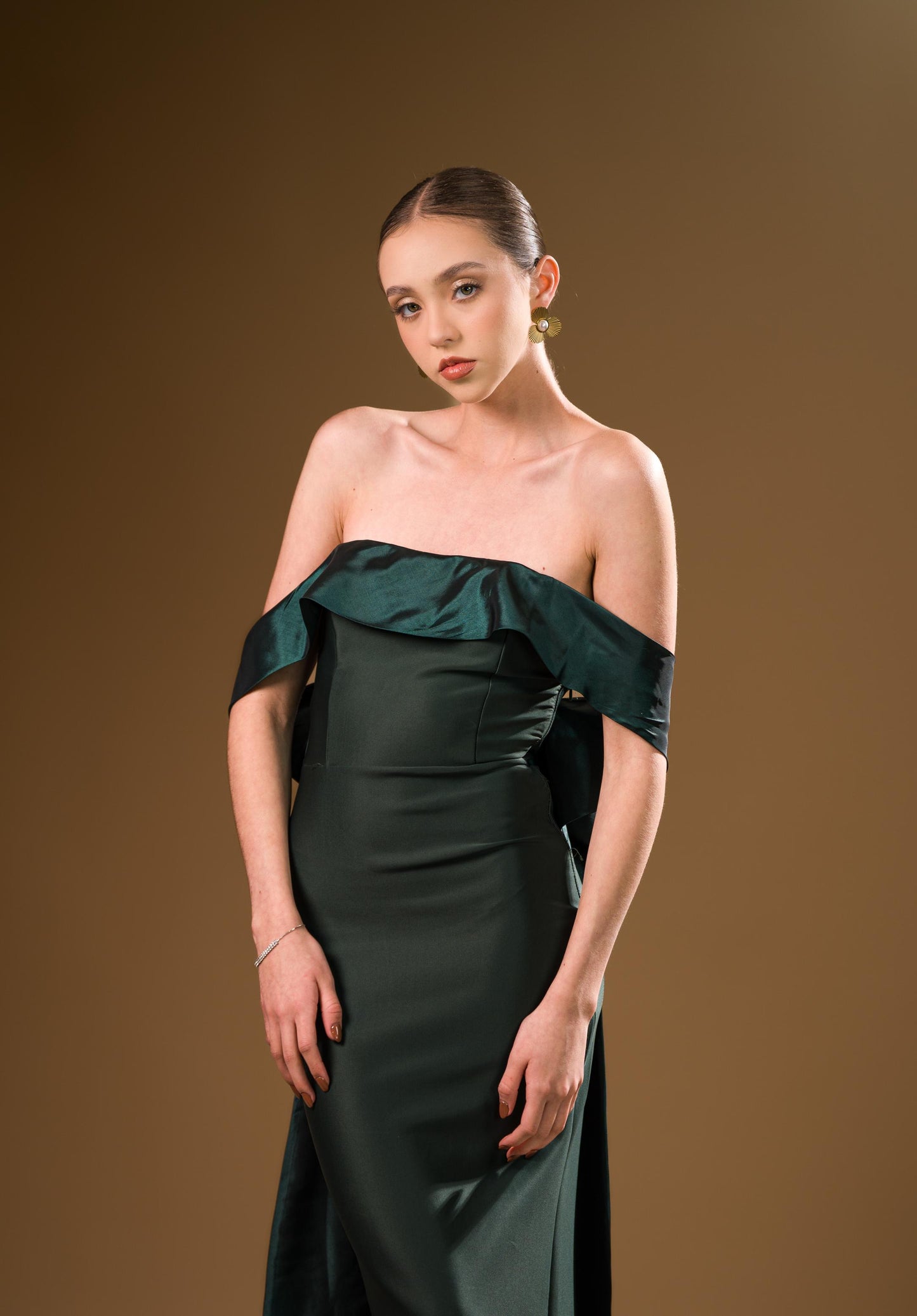 Vestido Verde Oscuro Manga Campesina Moño Atras