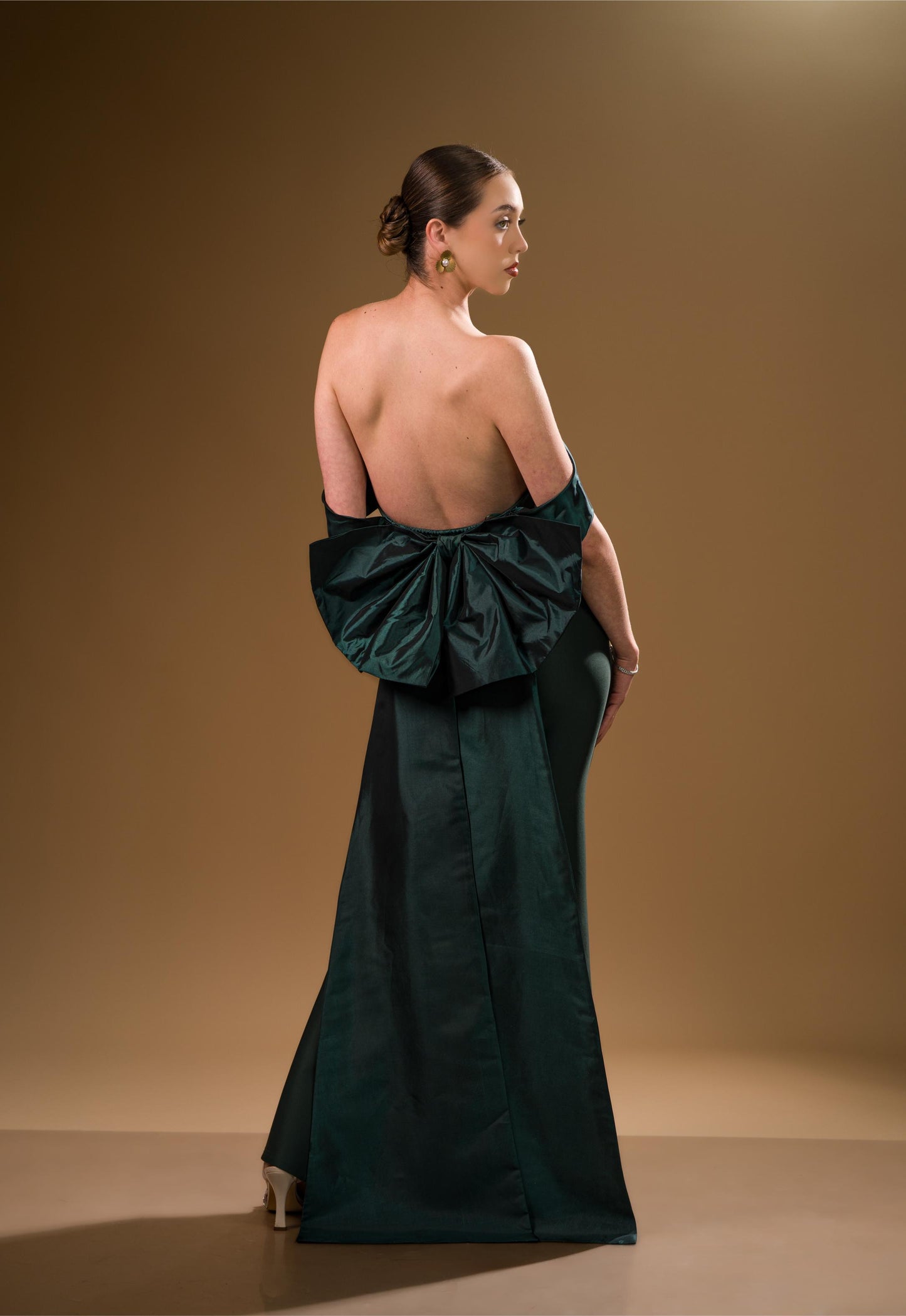 Vestido Verde Oscuro Manga Campesina Moño Atras