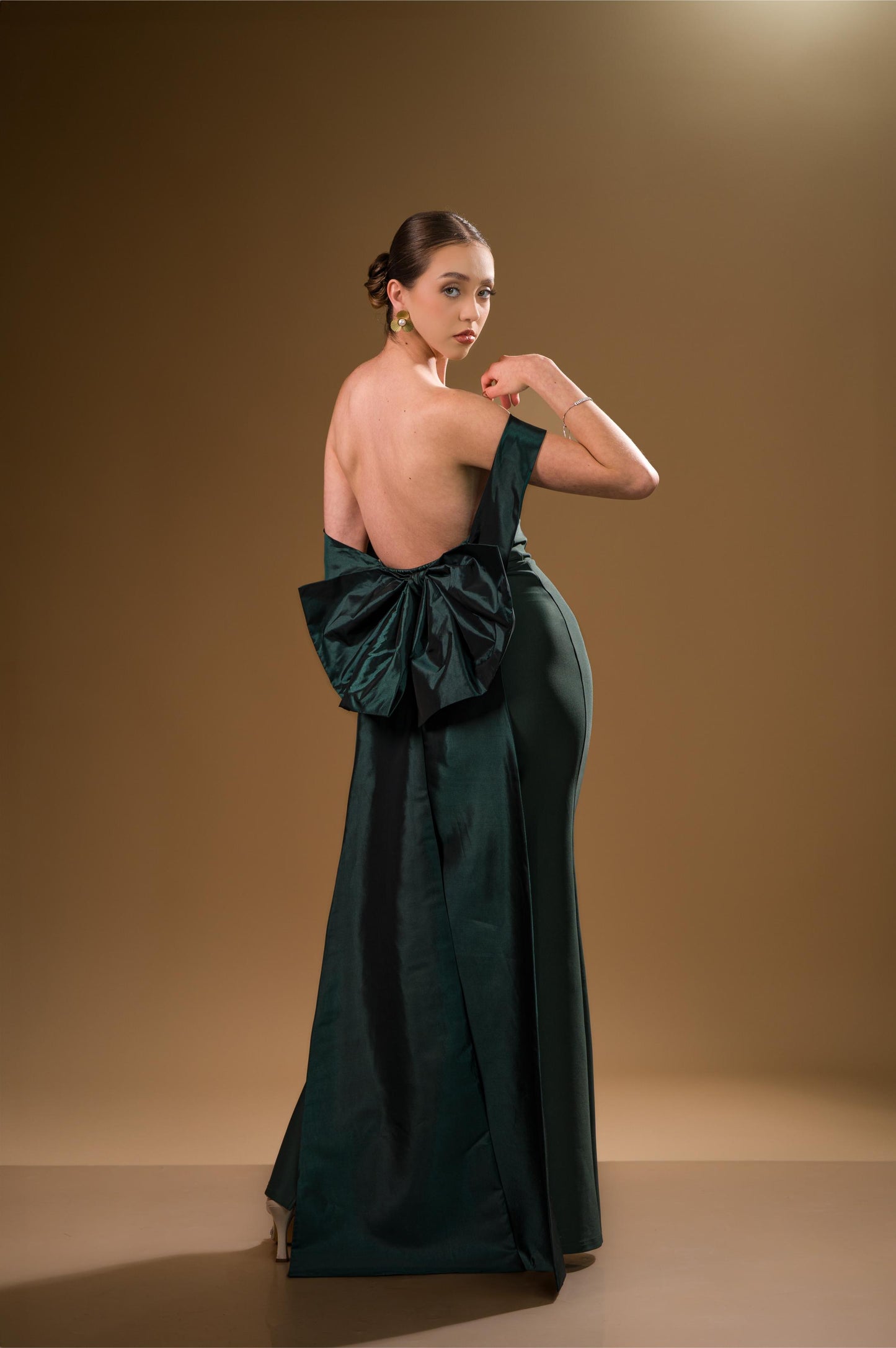 Vestido Verde Oscuro Manga Campesina Moño Atras