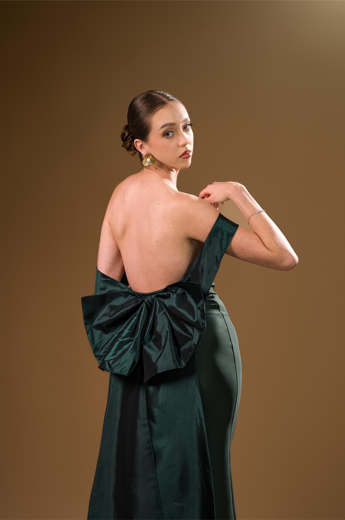 Vestido Verde Oscuro Manga Campesina Moño Atras