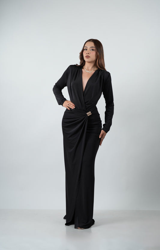 Vestido Negro Manga Larga Detalle Dorado En Cintura