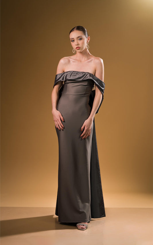 Vestido Gris Manga Campesina Moño Atras