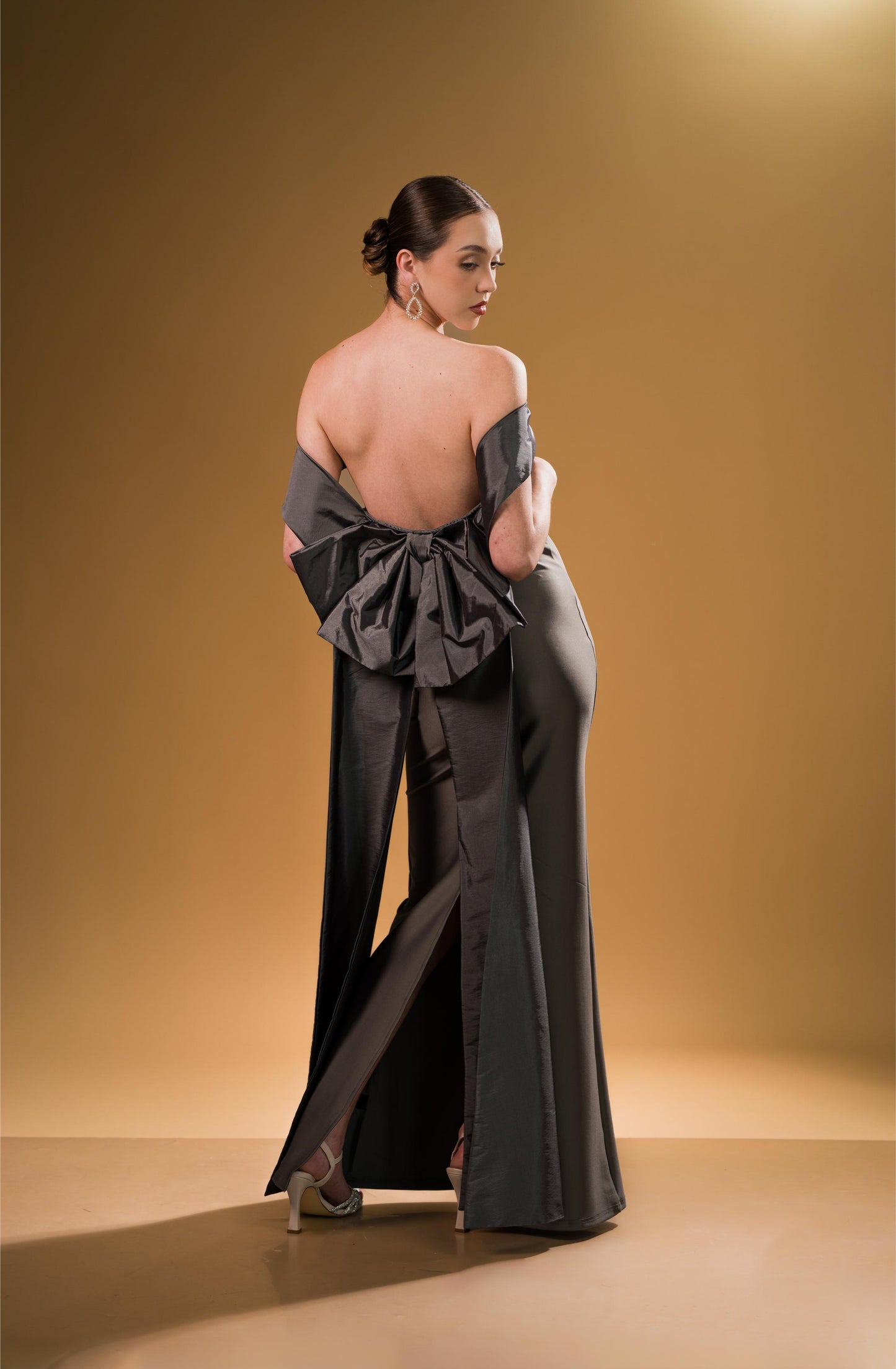 Vestido Gris Manga Campesina Moño Atras