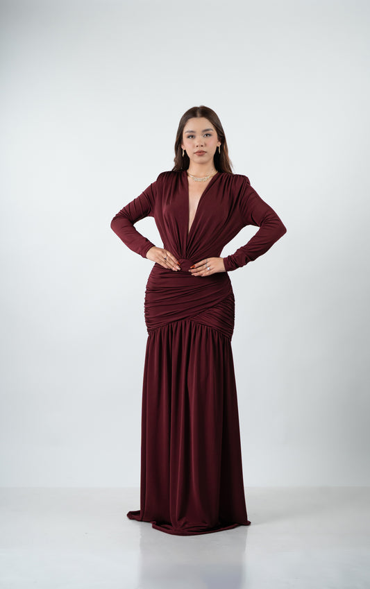 Vestido Vino Manga Larga Corrugado En Abdomen Falda Lisa