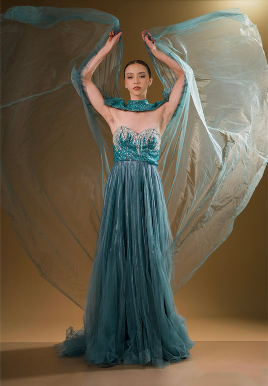 Vestido Azul Aqua Diseño en Corset Corte A Con Capa