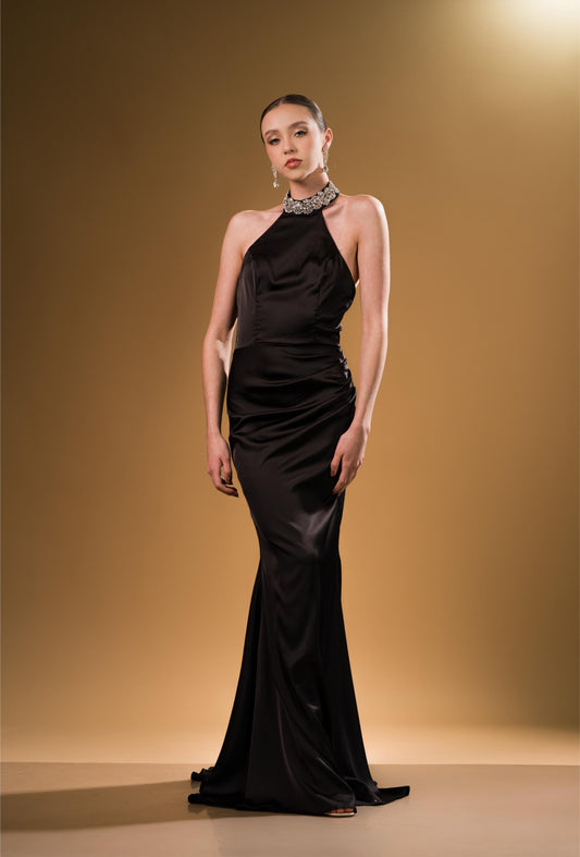 Vestido Negro Cuello Halter Con Brillos