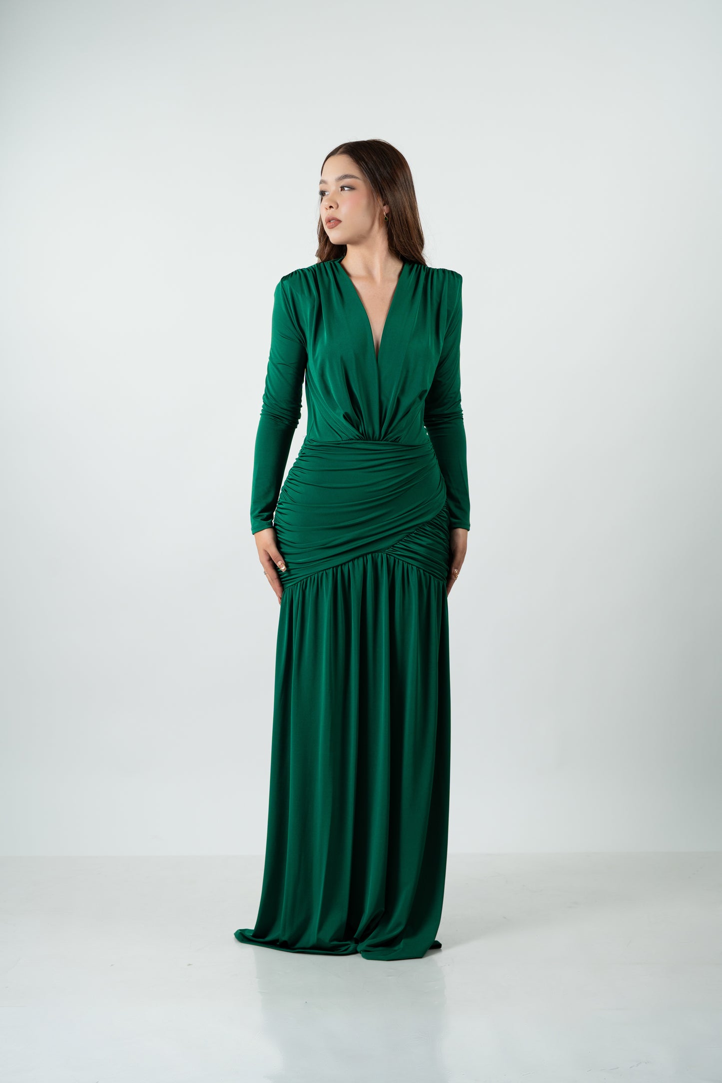 Vestido Verde Manga Larga Corrugado En Abdomen Falda Lisa