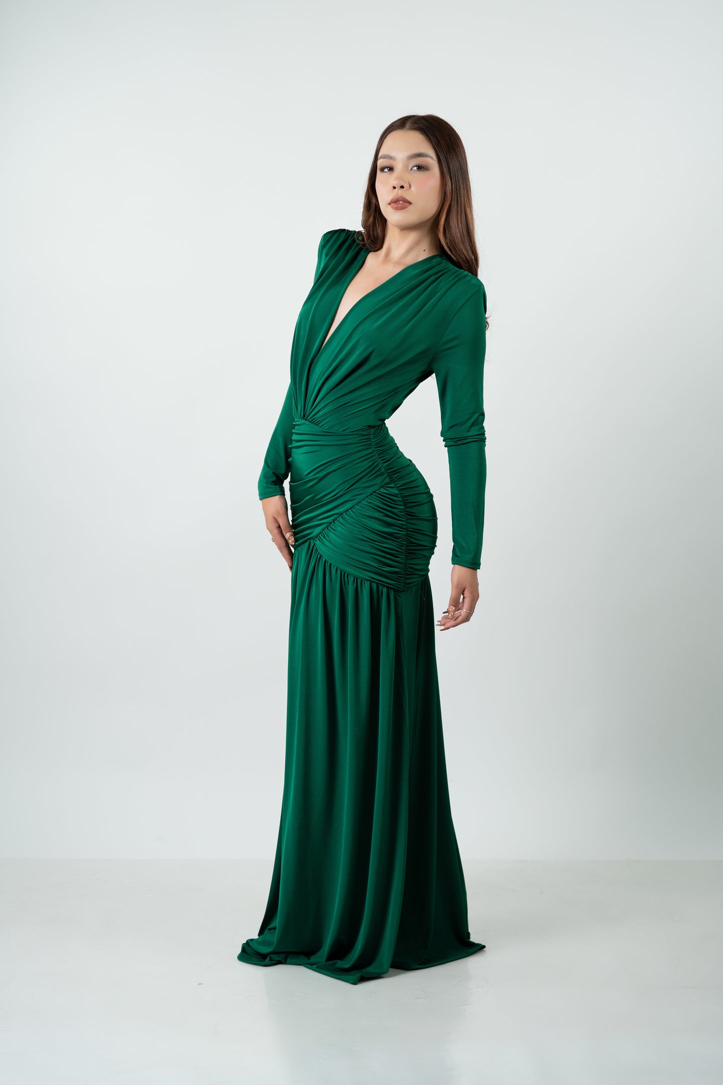 Vestido Verde Manga Larga Corrugado En Abdomen Falda Lisa