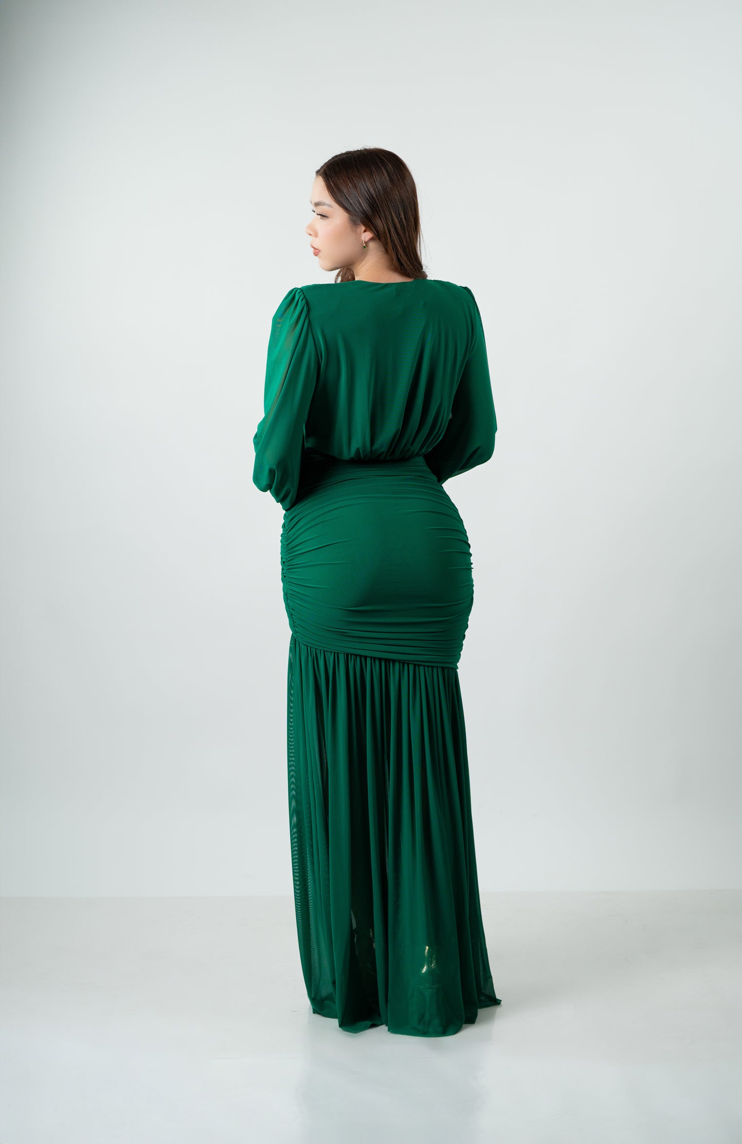 Vestido Verde Manga Larga Corrugado En Abdomen Falda Lisa