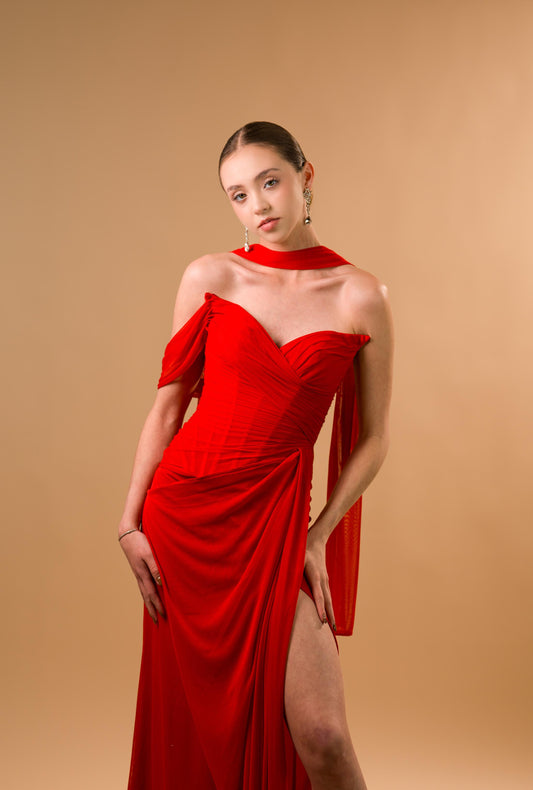 Vestido Rojo Straple Manga Caida Corrugado Suelto